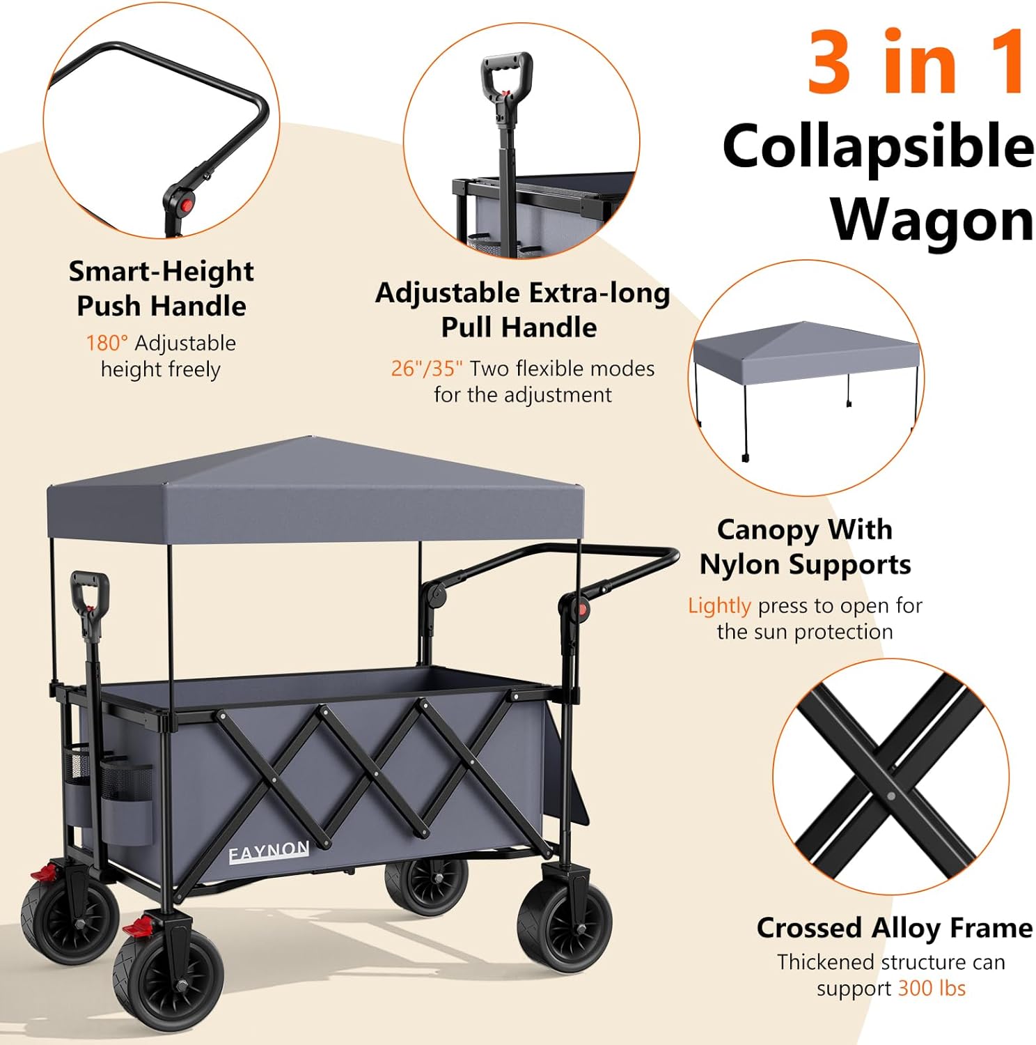 3 in 1 Collapsible Wagon with 300lbs Weight Capacity, 150L Heavy Duty Utility Cart with Removable Canopy, with Large All-Terrain Beach Wheels & Drink Holders, Gray