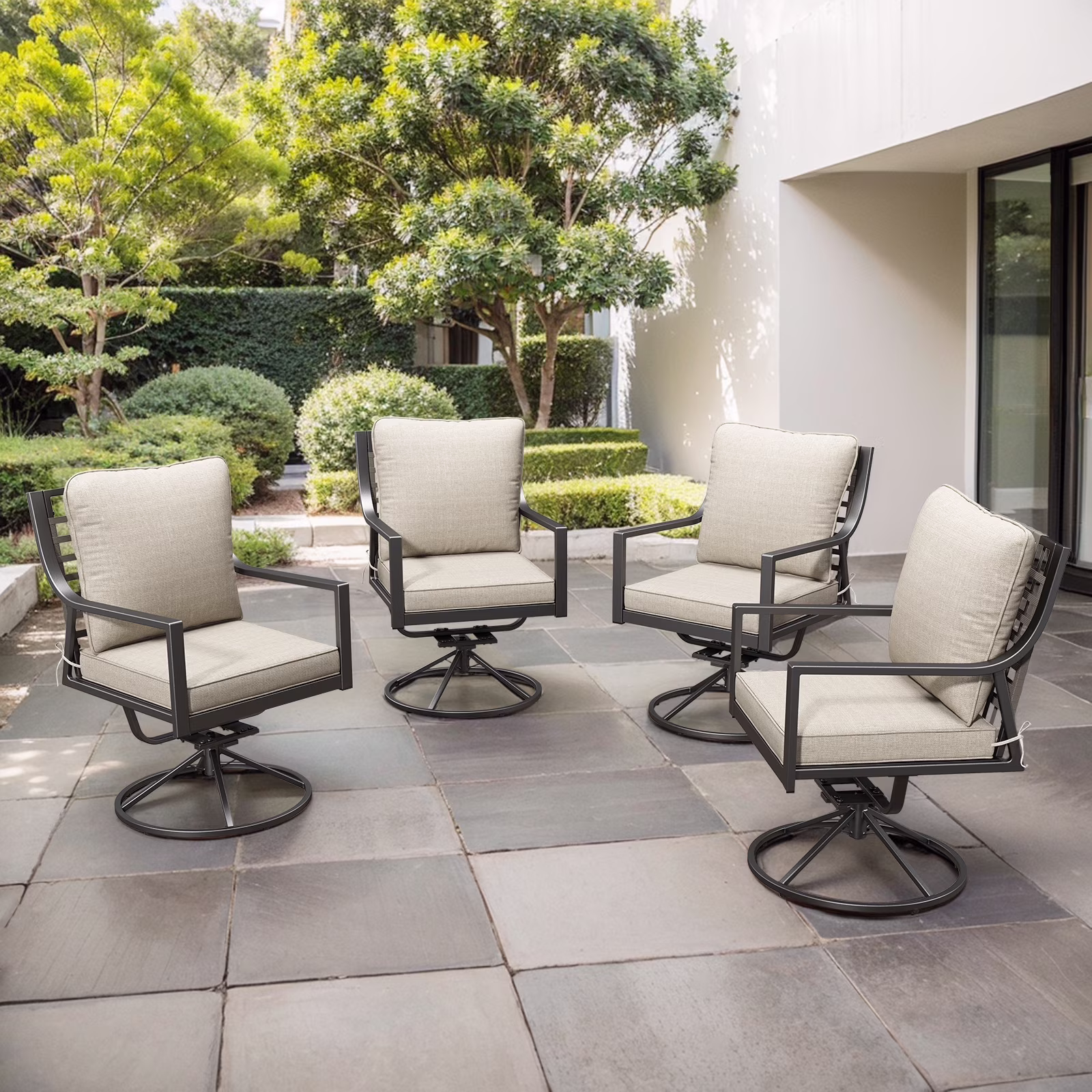 Swivel Rocker Patio Chairs Set of 4, Outdoor PE Wicker Dining Chairs with Beige Olefin Cushions and Gray Metal Frame, 360�� Swivel Rocking Motion for Garden Deck Porch(4 Pack)