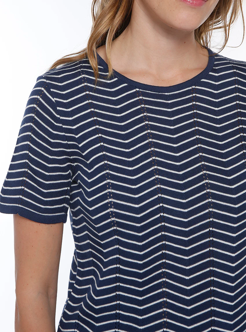 Pull femme coton manches courtes marine/crème