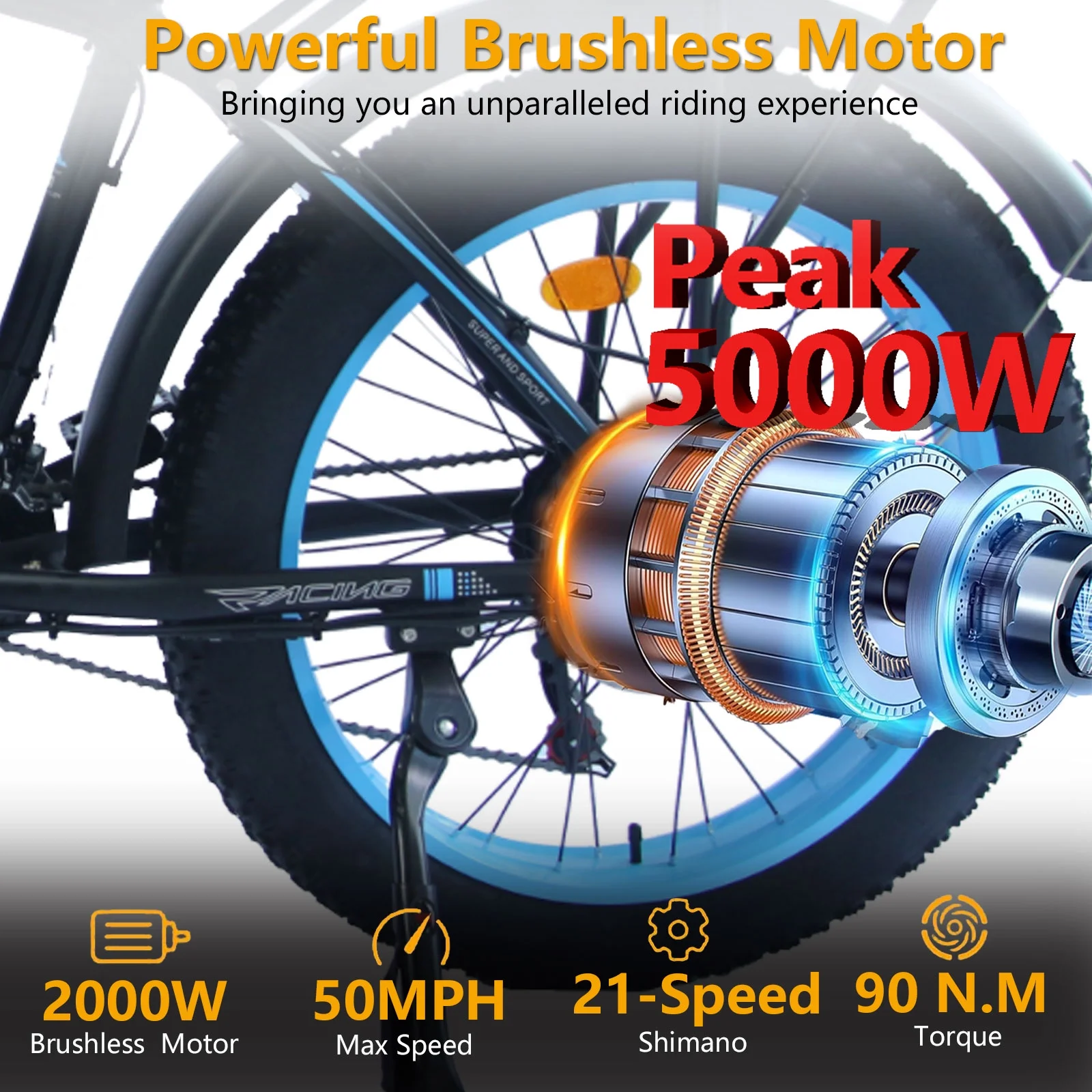 (US in Stock) 5000W Peak Dual Motor Electric Bike for Adults , 60V 25AH Removable Battery Ebike , 50MPH AWD 21-Speed Mountain Snow E-Bike with 26" x 4.0 Fat Tire, Long Range Mountain Off-Road EBikes(Black-Blue) - Image 8