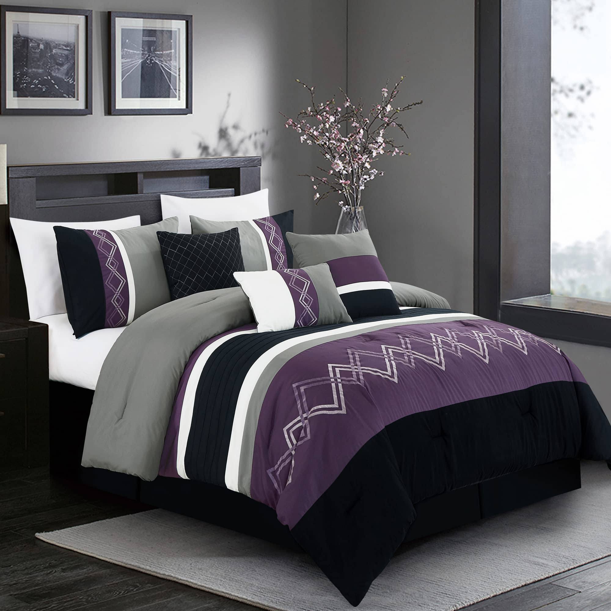 Chezmoi Collection Arden 7-Piece Modern Pleated Stripe Embroidered Zigzag Bedding Comforter Set (California King, Purple/Black/Gray/White)