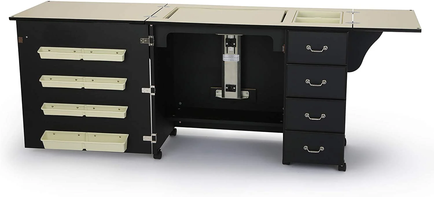 Meuble de couture Norma Jean 2025 353 pour la couture, la découpe, le quilting et les travaux manuels, robuste et doté d'un système de rangement et d'un système de levage pneumatique, finition noire.