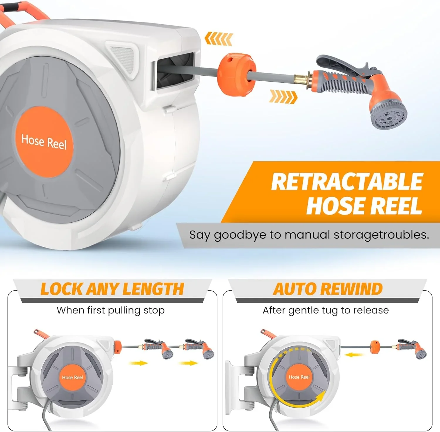 Auto-Retract Wall-Mounted Garden Hose Reel w/9-Pattern Nozzle, 180�� Swivel & Any-Length Lock, 600PSI Durable