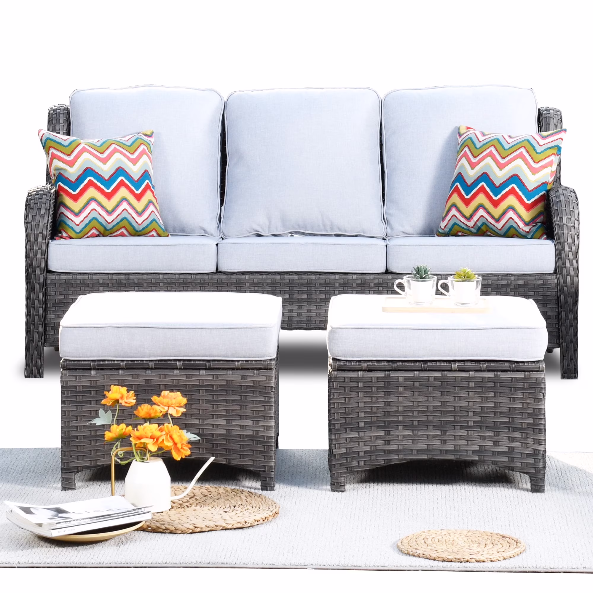 7 Piece Wicker Outdoor Patio Dining Set with Fire Pit Table, Grey(Grey Wicker Grey Cushion)