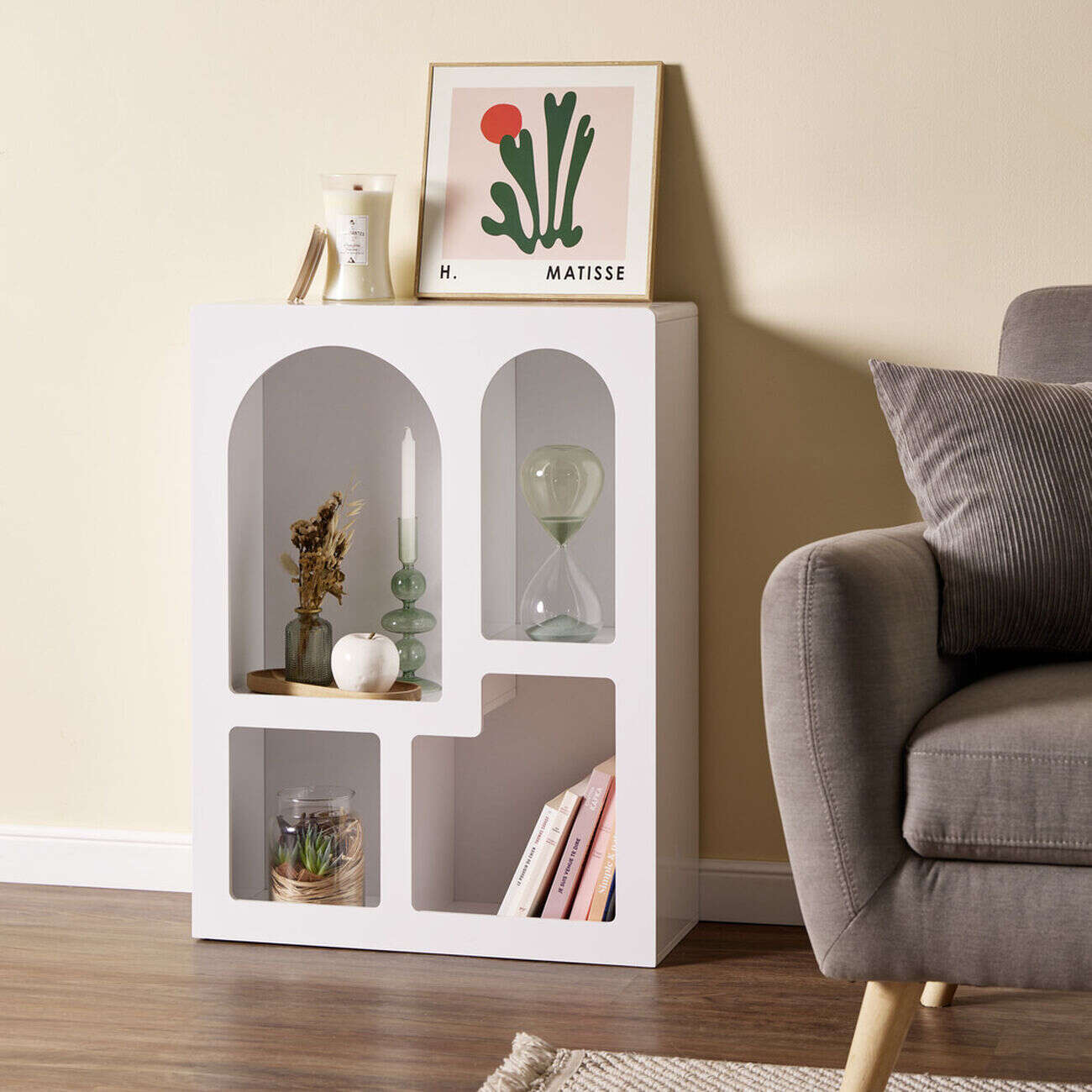 Mini meuble décoratif blanc avec 4 niches arrondies 60x24xH80cm