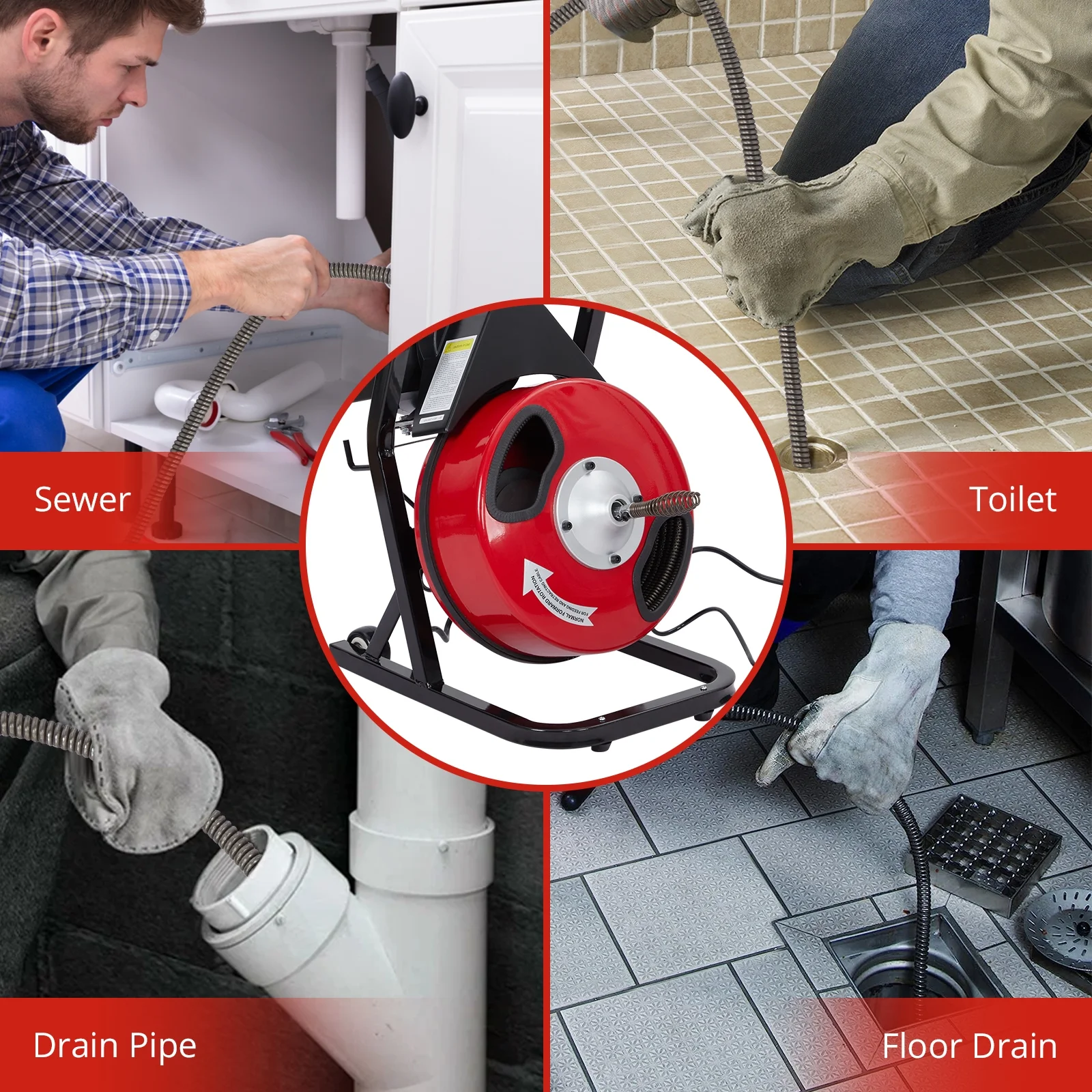 Electric Drain Cleaner Machine, Drain Auger 50Ft X 1/2 Inch for Sewer Clean, Electric Drain Snake for 1 to 4 Inch Pipes, Drain Sewer Auger with Foot Switch, Protective Gloves, 4 Cutter Blades(50FT x 1/2 Inch-K300/Red) - Image 8