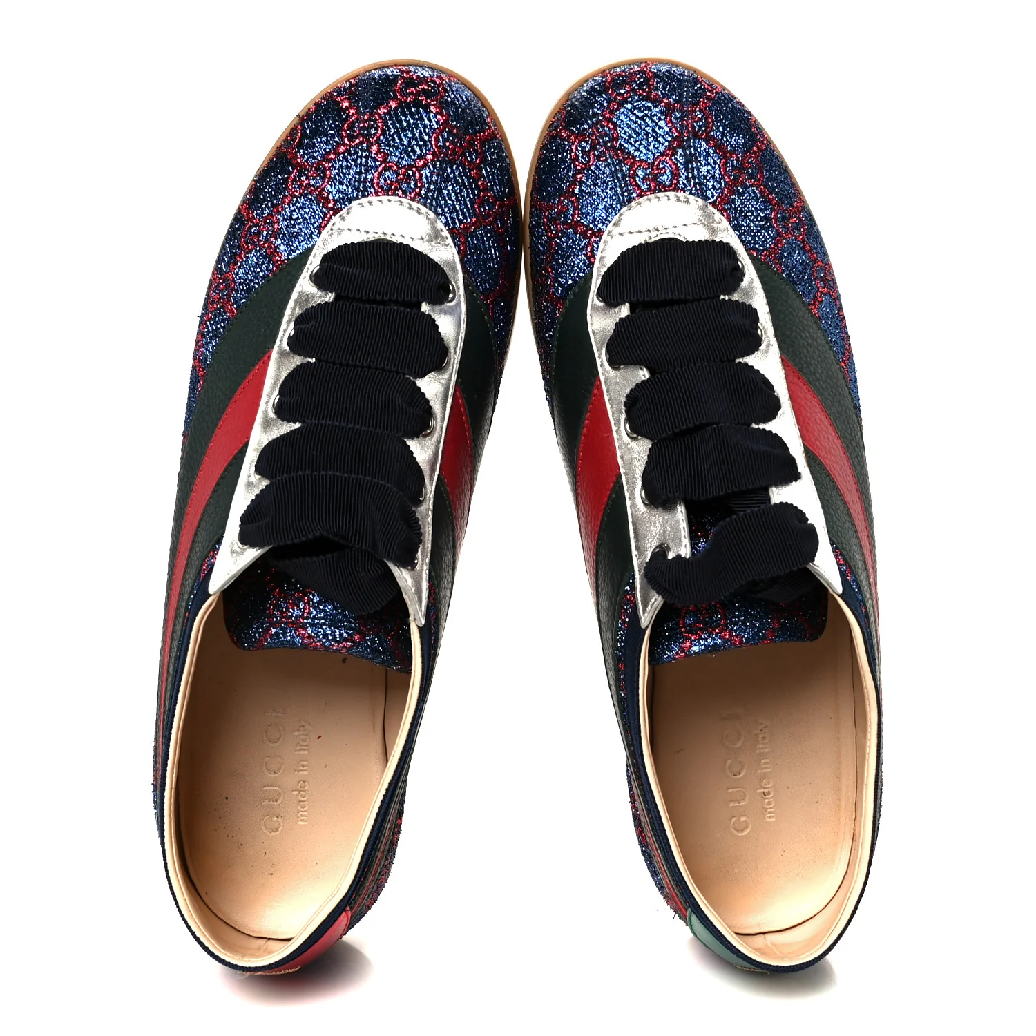 Lurex Calfskin Web GG Monogram Mens Falacer Sneakers 8.5 Iridescent Blue Iridescent Red Silver