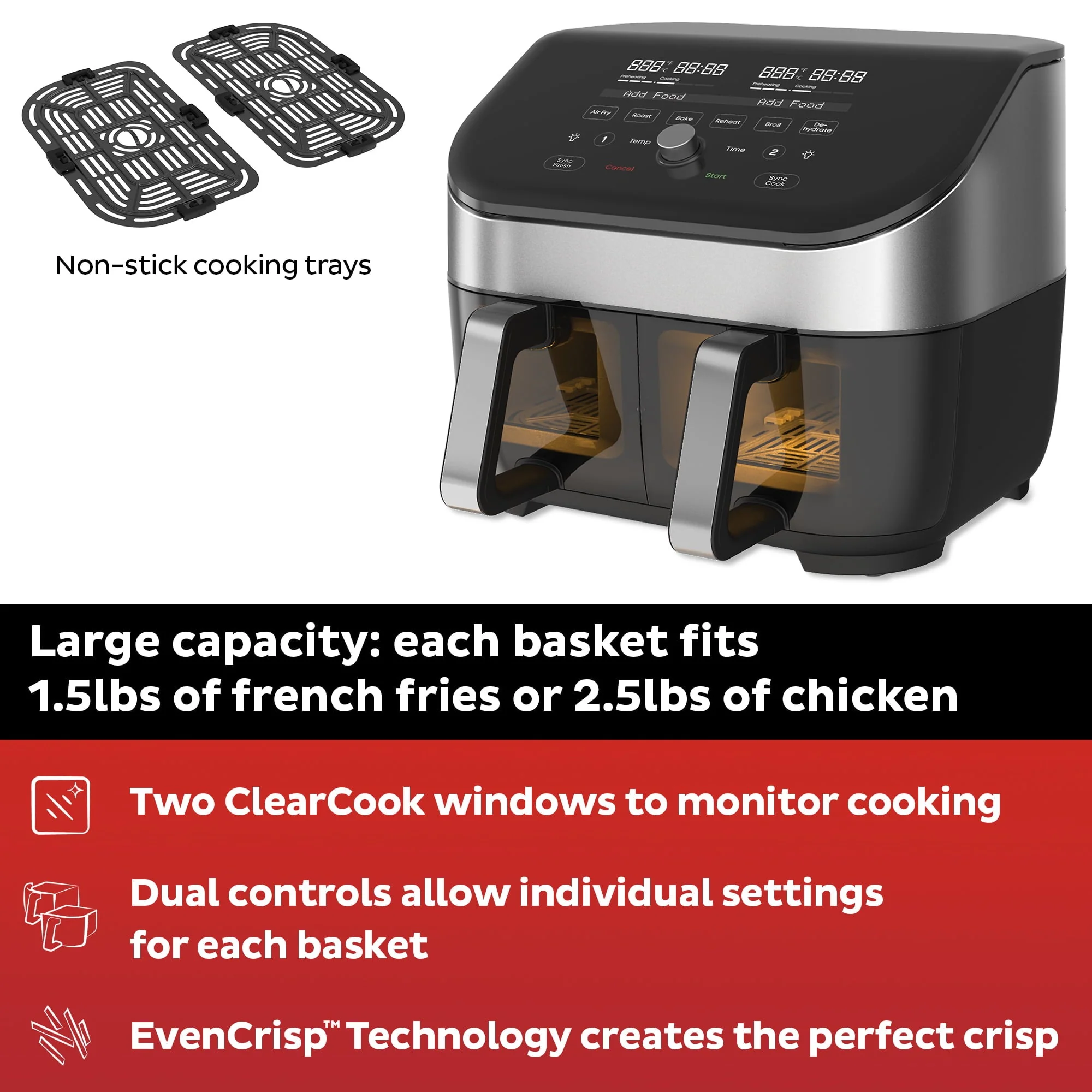Instant Vortex Plus XL 8 - Quart Air Fryer with Dual Baskets and Clear Cooking Windows, Stainless Steel