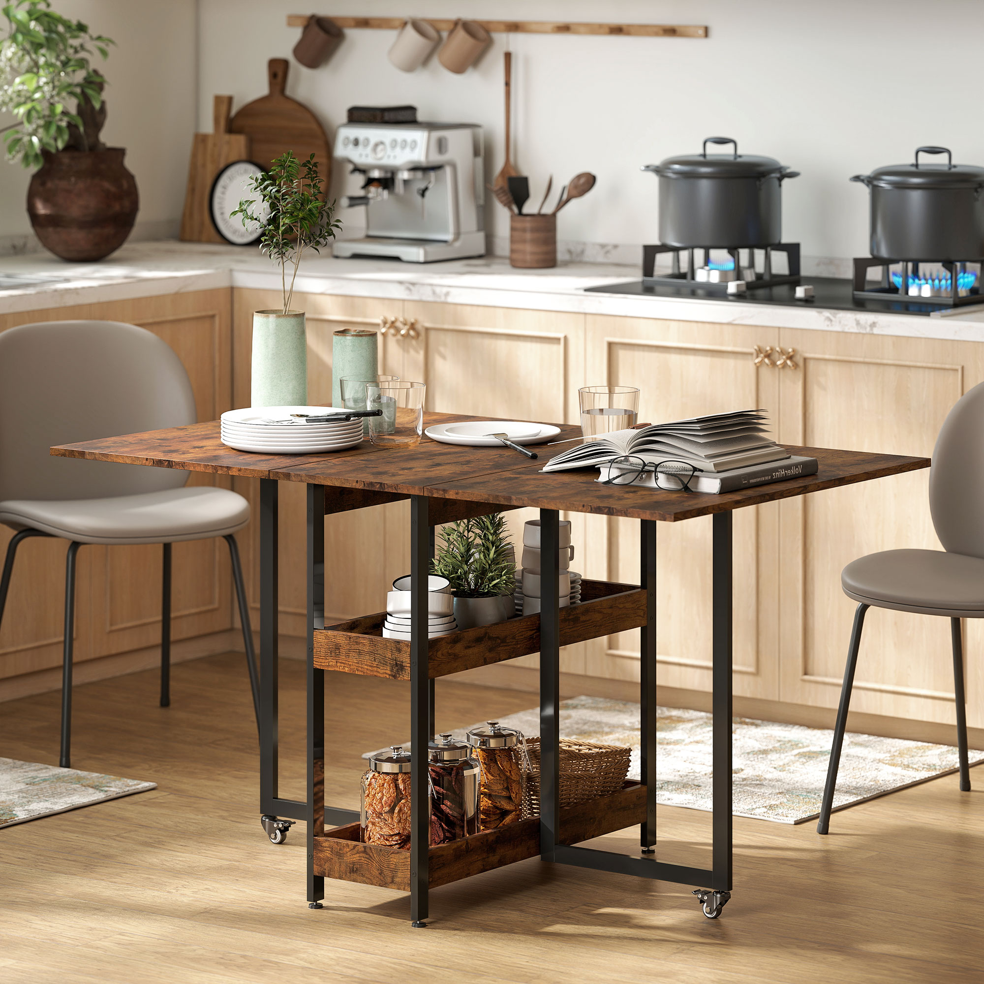 HOMCOM Inklapbare Eettafel in Industrieel Ontwerp, voor tot 4 Personen, Open Schappen, Flexibel, Metaal, Spaanplaat, Bruin