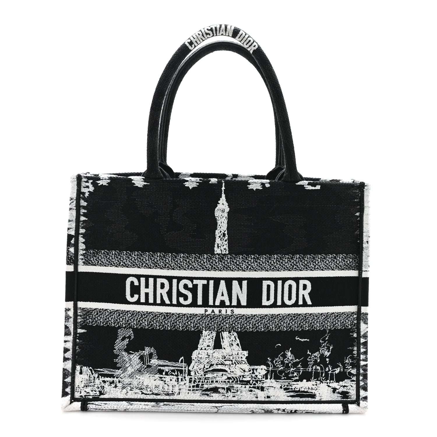 Canvas Embroidered Medium Paris Book Tote Black White