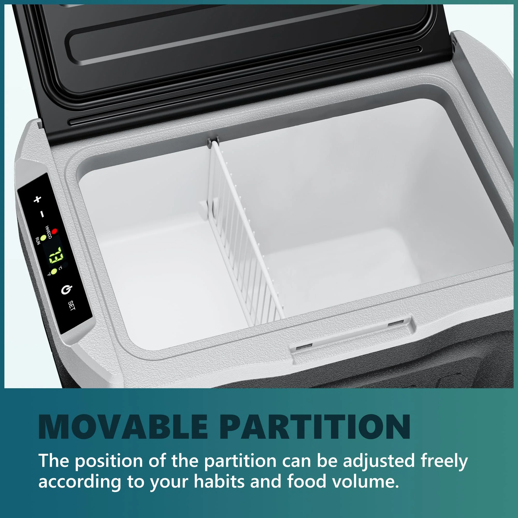 12V Car Refrigerator 32 QT with Touch Panel and Removable Divider - Image 6