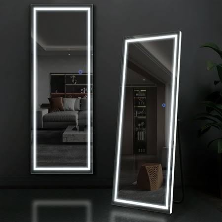Neutype 63 inchx20 inch Modern Rectangle Right Angle LED Full Length Mirror Floor Mirror,White, Size: 63 inch x 20 inch