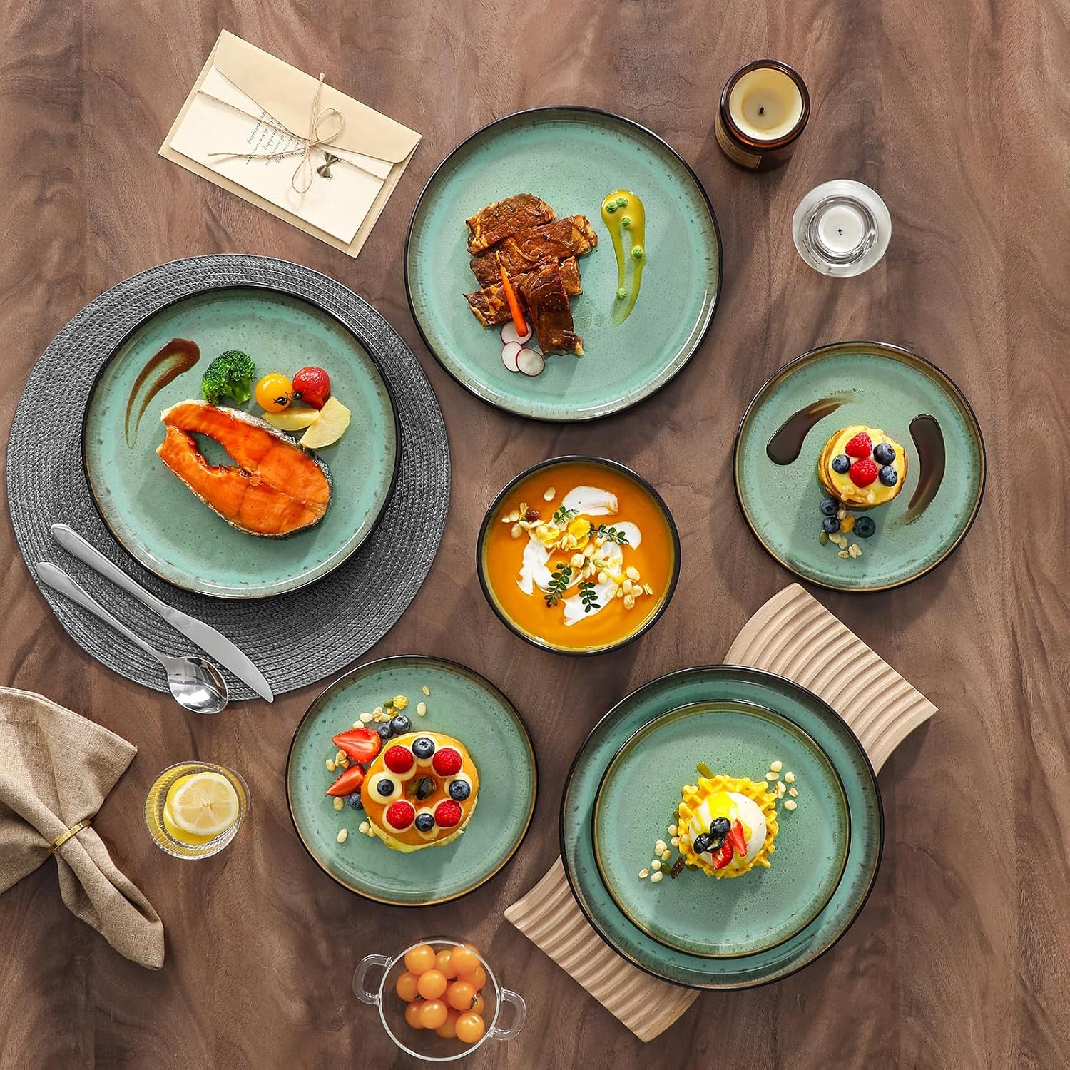 vancasso Plates and Bowls Sets, 24 Pieces Stoneware Dinnerware Sets for 8, Kitchen Dish Set Microwave and Dishwasher Safe Ceramic Dishware, Turf Green, Series AMBER