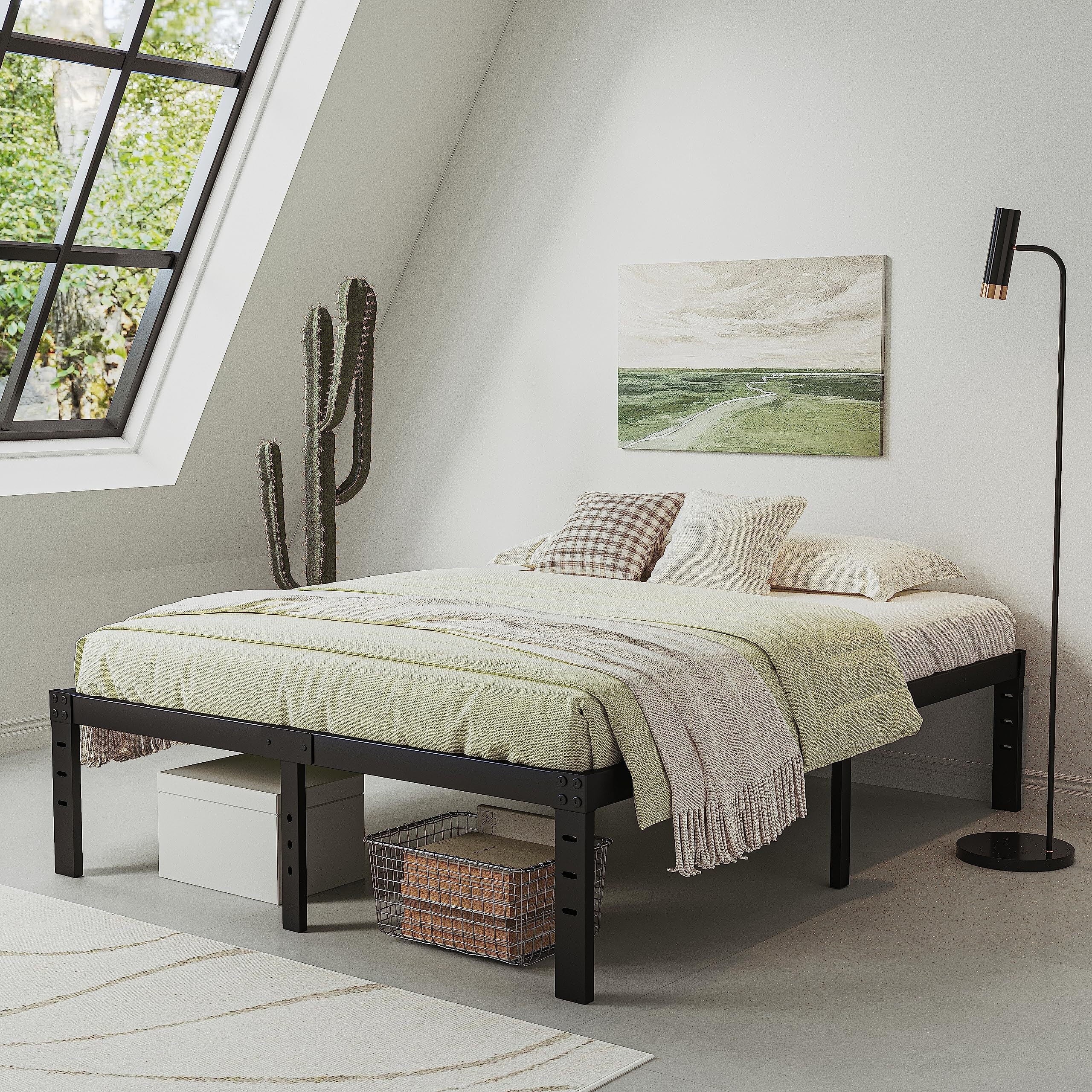 QFTIME 14 Queen Metal Bed Frame with Steel Slats, Heavy Duty Mattress Foundation