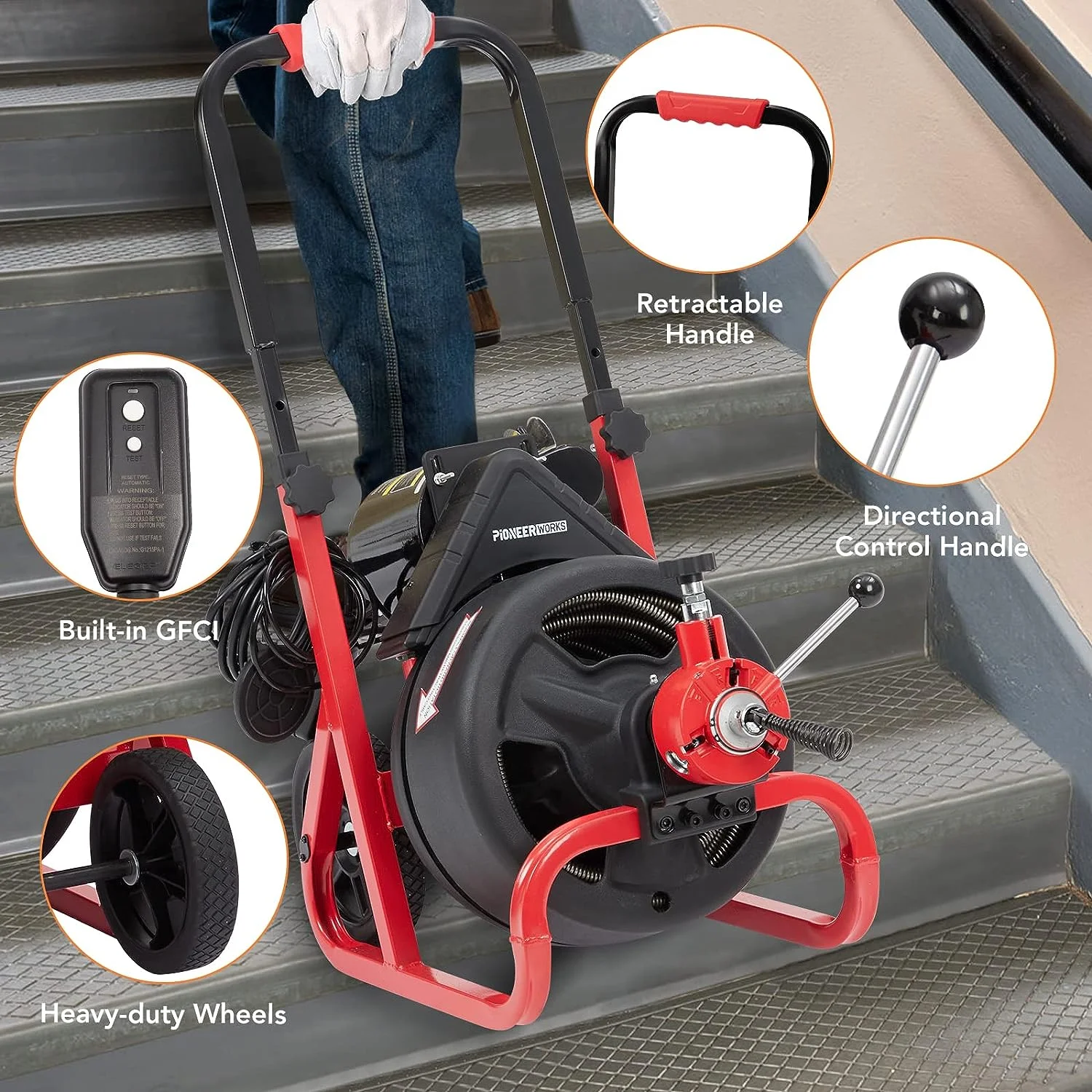 75Ft x 1/2 Inch Drain Cleaner Machine, Auto-feed Electric Drain Auger Professional for 2 to 4 Inch Pipes, with 6 Cutters, Glove, Drain Auger Cleaner Sewer Snake(75Ft x 1/2 Inch) - Image 4