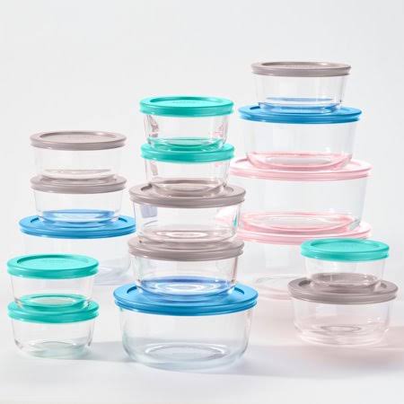 Pyrex Simply Store Glass Food Storage & Bake Container Set, 32 Piece with Multicolor Lids