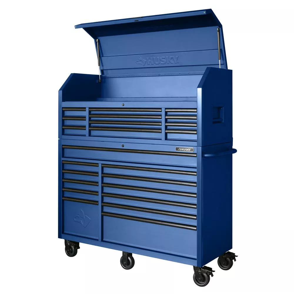 Coffre à outils et armoire combinés robustes de 142 cm de large et 23 tiroirs, bleu mat