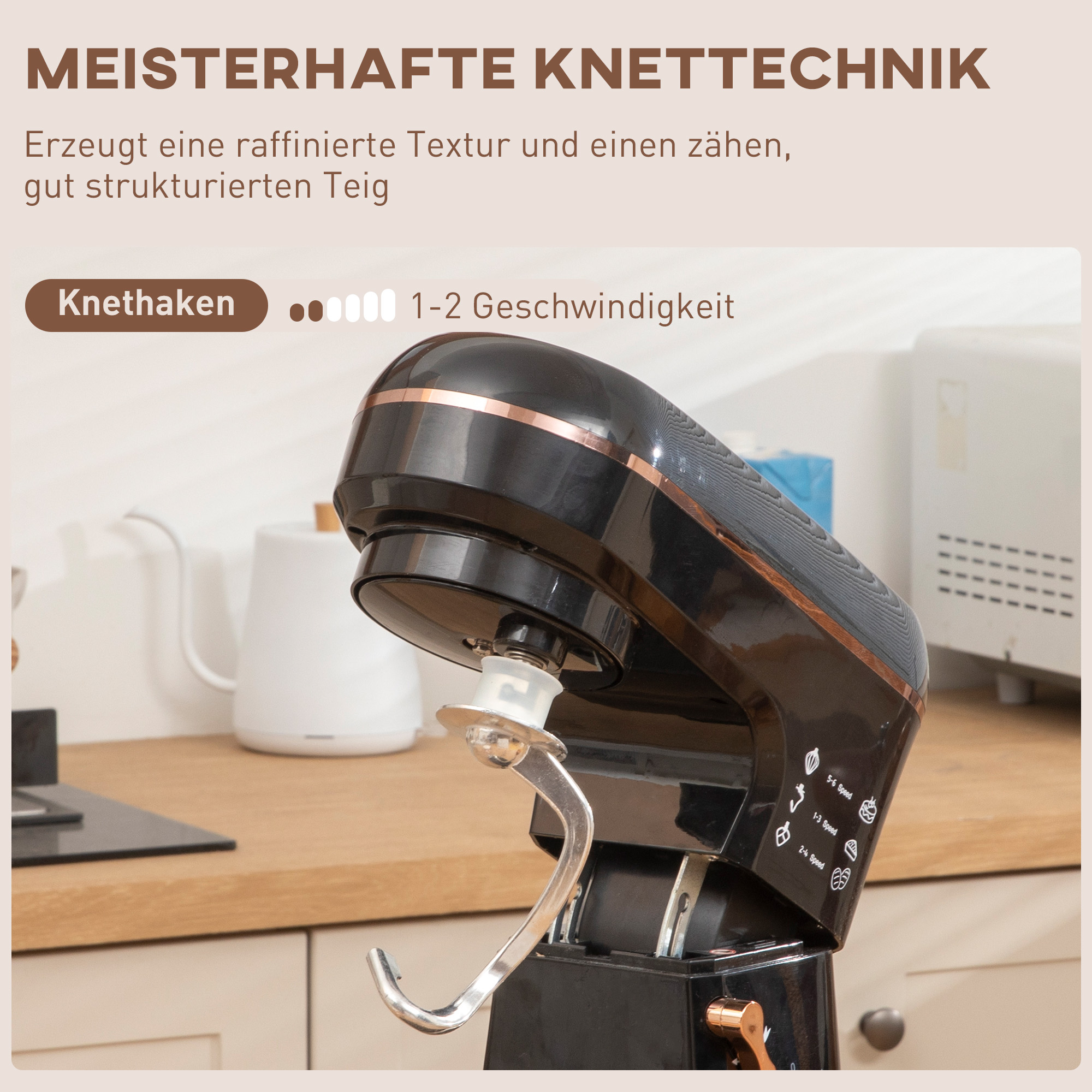 HOMCOM Staande Mixer, Keukenmachine, Mixer, 6 Standen, 5,5L Roestvrijstalen Kom, Zwart