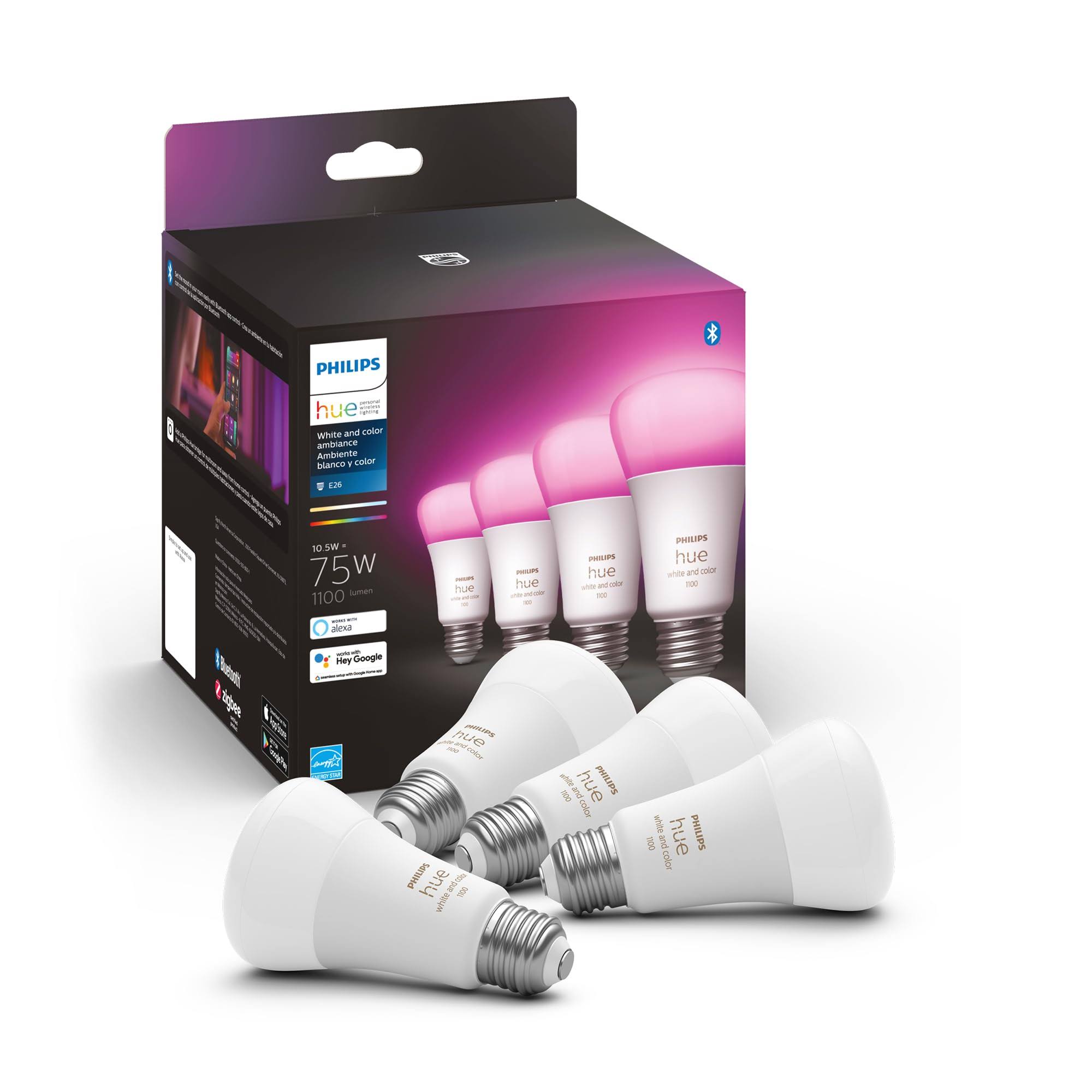 Philips Hue 75W A19 White and Color Ambiance LED Smart Color-Changing Bulb - Pack of 4 - E26, Indoor - Control with Hue App - Compatible with Alexa,