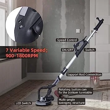 Drywall Sander,750W Electric Drywall Sander 7 Variable Speed 900-1800 RPM Sander with LED Light,Extendable Handle,Dust Hose,14 Pcs Sanding discs,Storage Bag(750w Drywall Sander/Grey) - Image 3