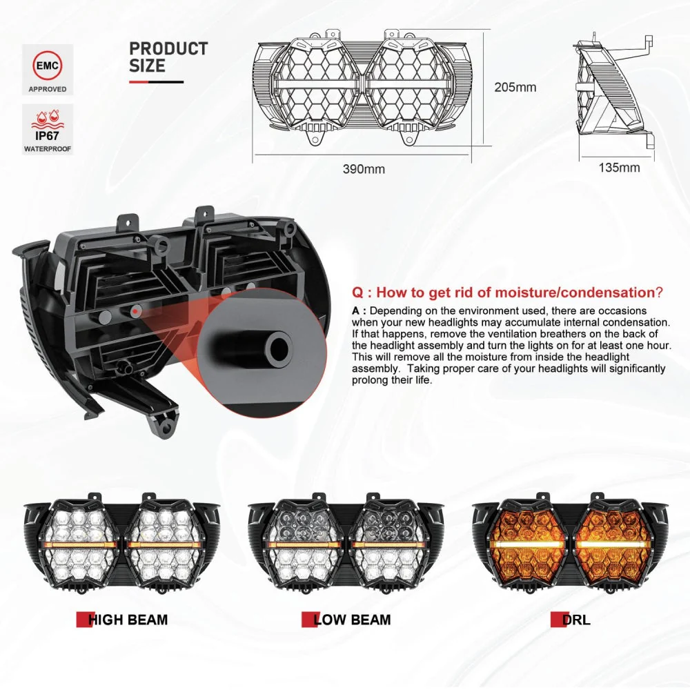 DOT Motorcycle LED Dual Headlight Assembly Amber DRL High/Low Beam Honeycomb for 2015-2016 CVO Road Glide Ultra Fltruse