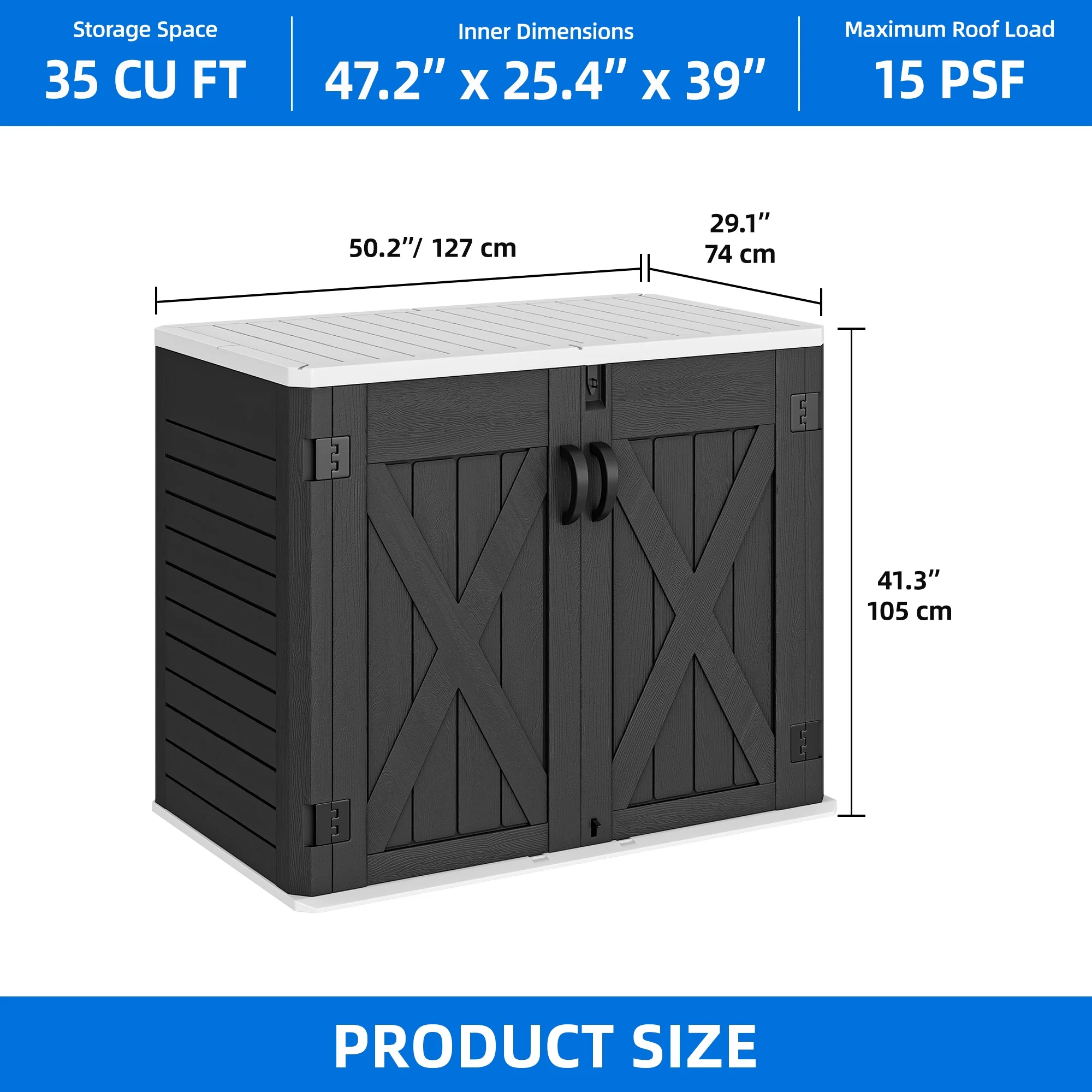 Dextrus 35 cu ft Outdoor Horizontal Storage Shed with x - Shaped Lockable Door, Weather Resistant Resin Tool Shed