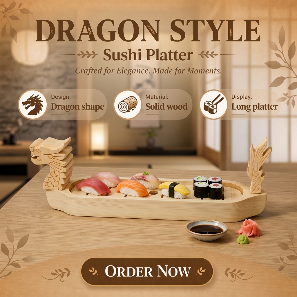 Wooden Sushi Boat Set Creative Dragon Carving Serving Plate for Sushi Lovers, Caterers and Giftware