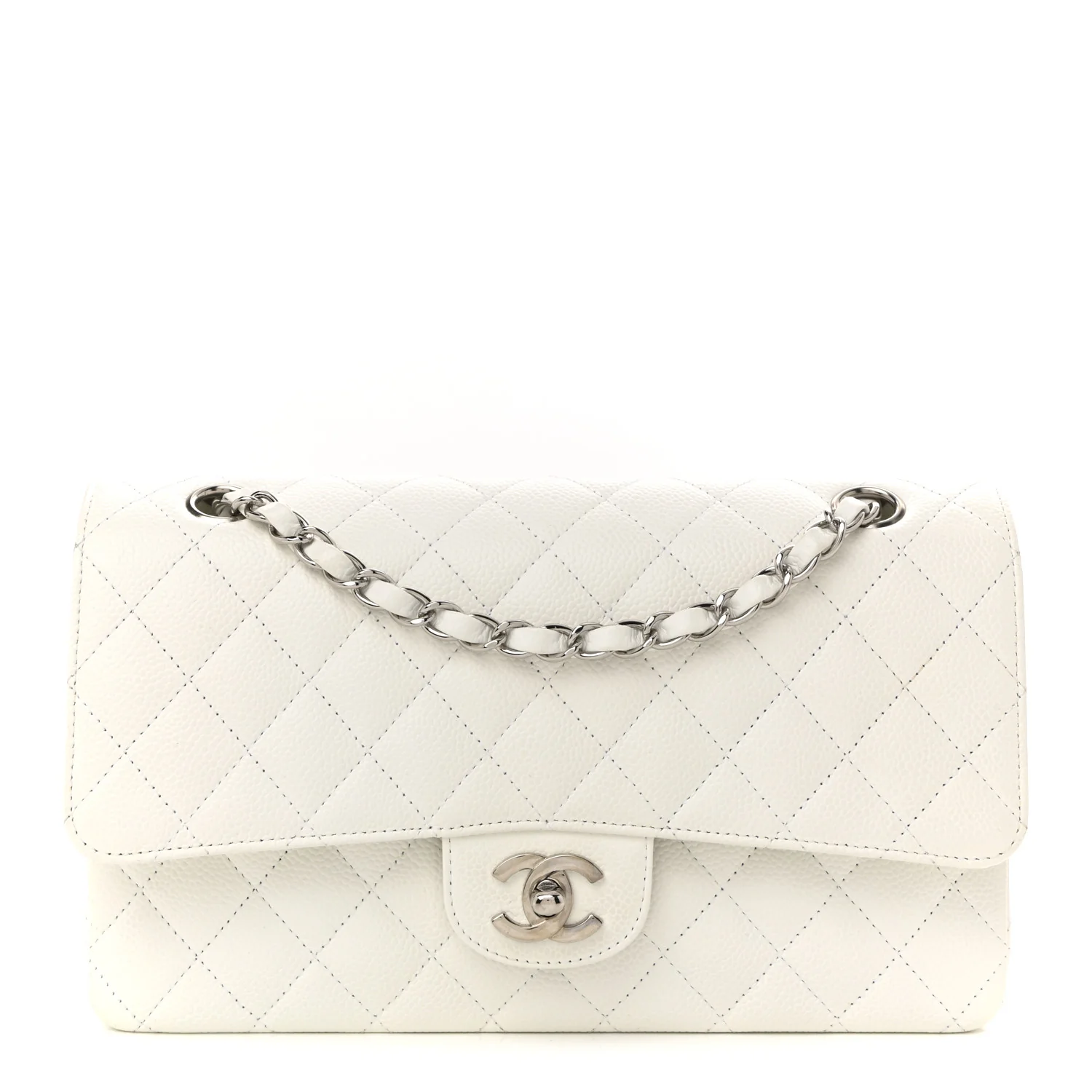 Caviar Quilted Medium Double Flap White