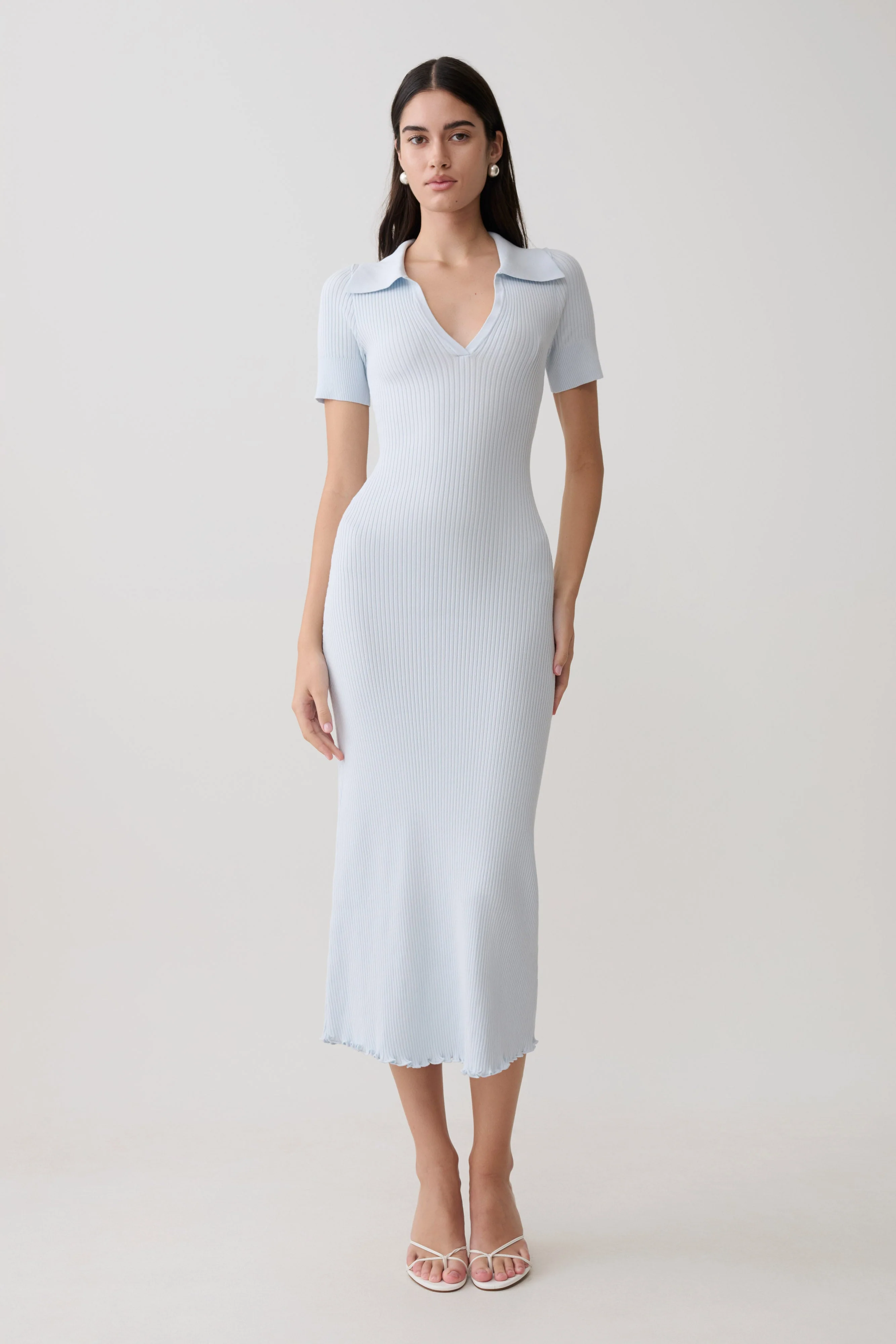 Nichelle Short Sleeve Collared Knit Midi Dress - Light Blue