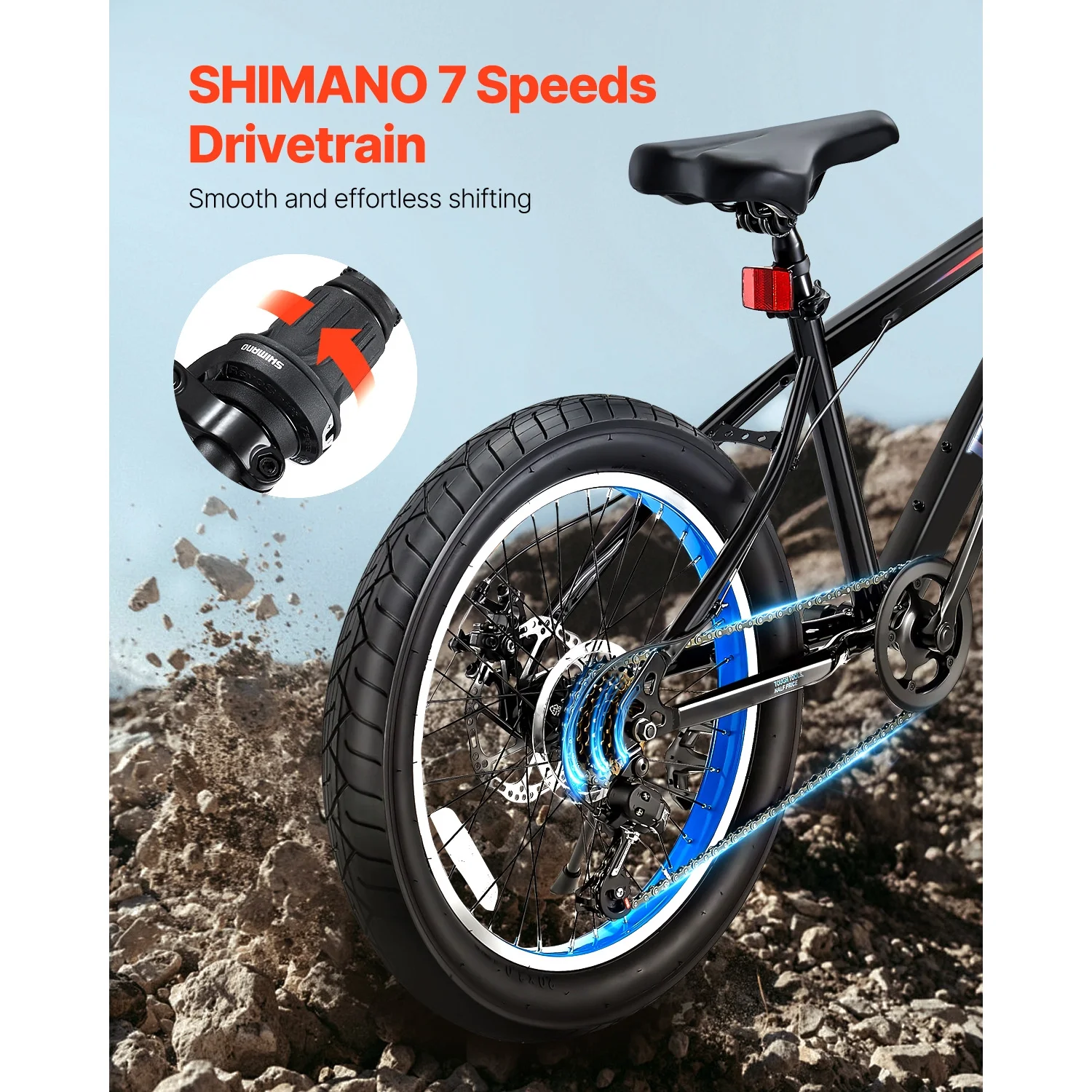 20-Inch Mountain Bike, 7-Speed Twist Shifting, Comfortable Saddle, Dual Disc Brakes, Durable Steel Frame, Fat Tire Bicycle for Trail and Snow - Image 7