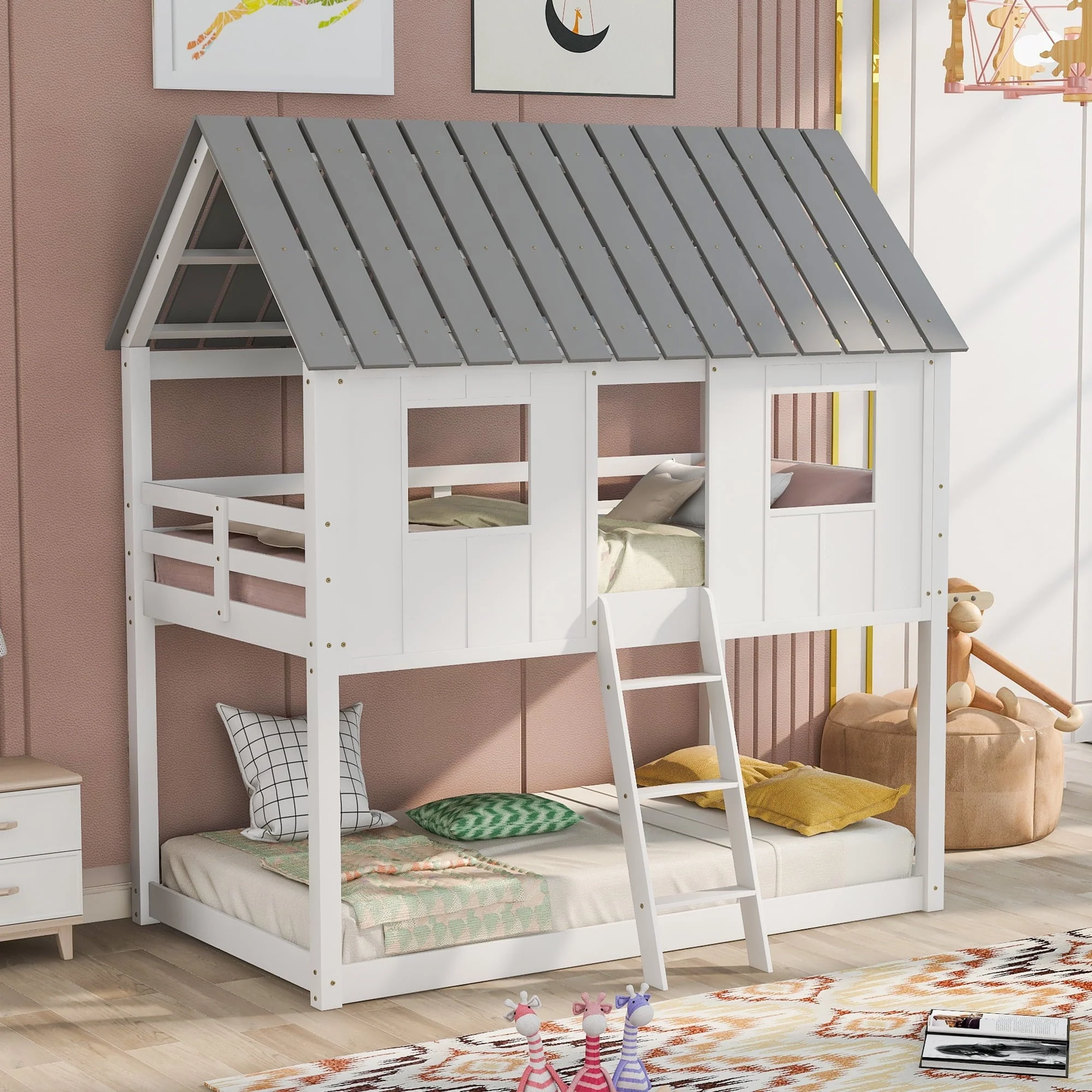 Twin over Twin Low Bunk Bed with Roof and Guardrail for Kids Room, White