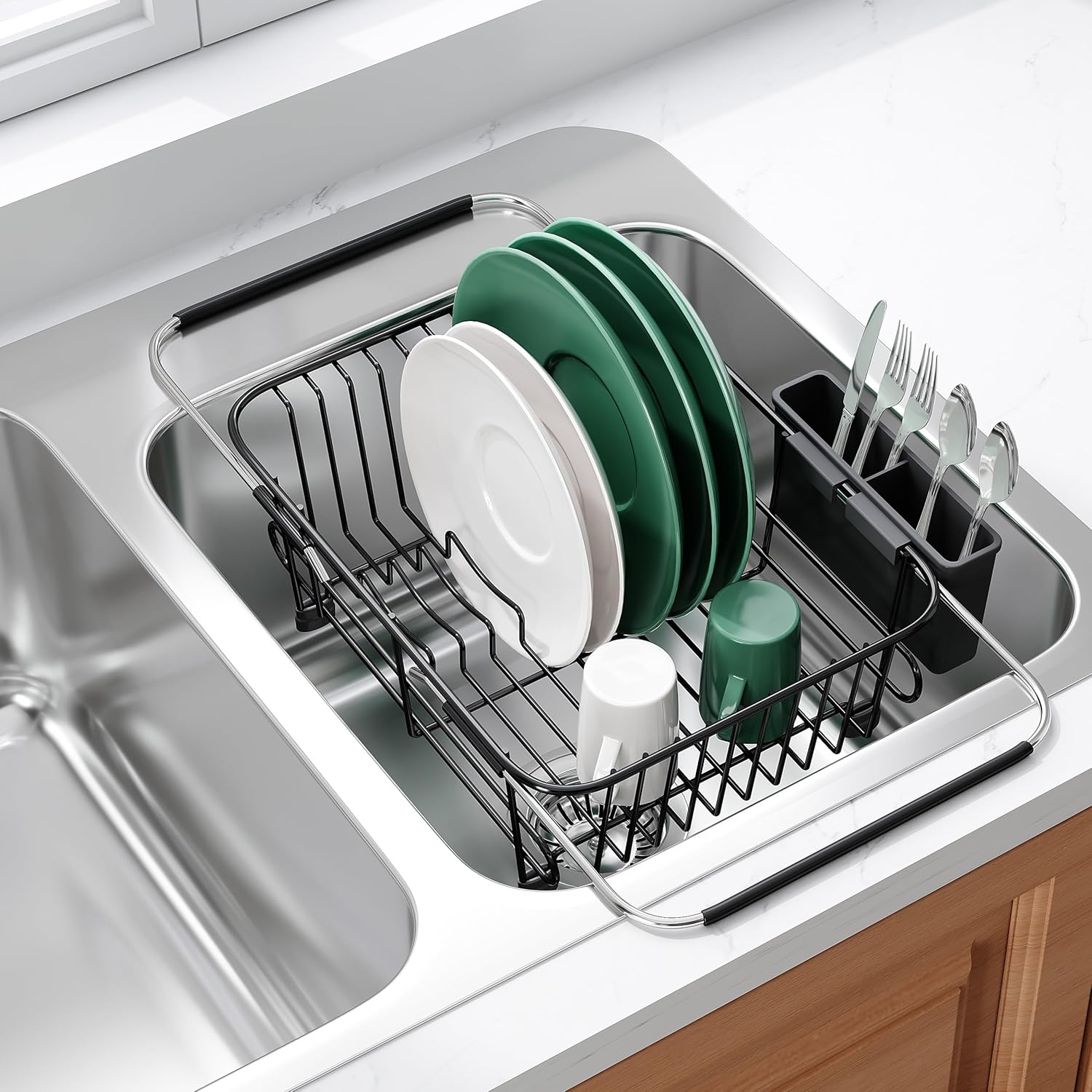JASIWAY Dish Drying Rack in Sink, Dish Drainer with Cup and Utensil Holder