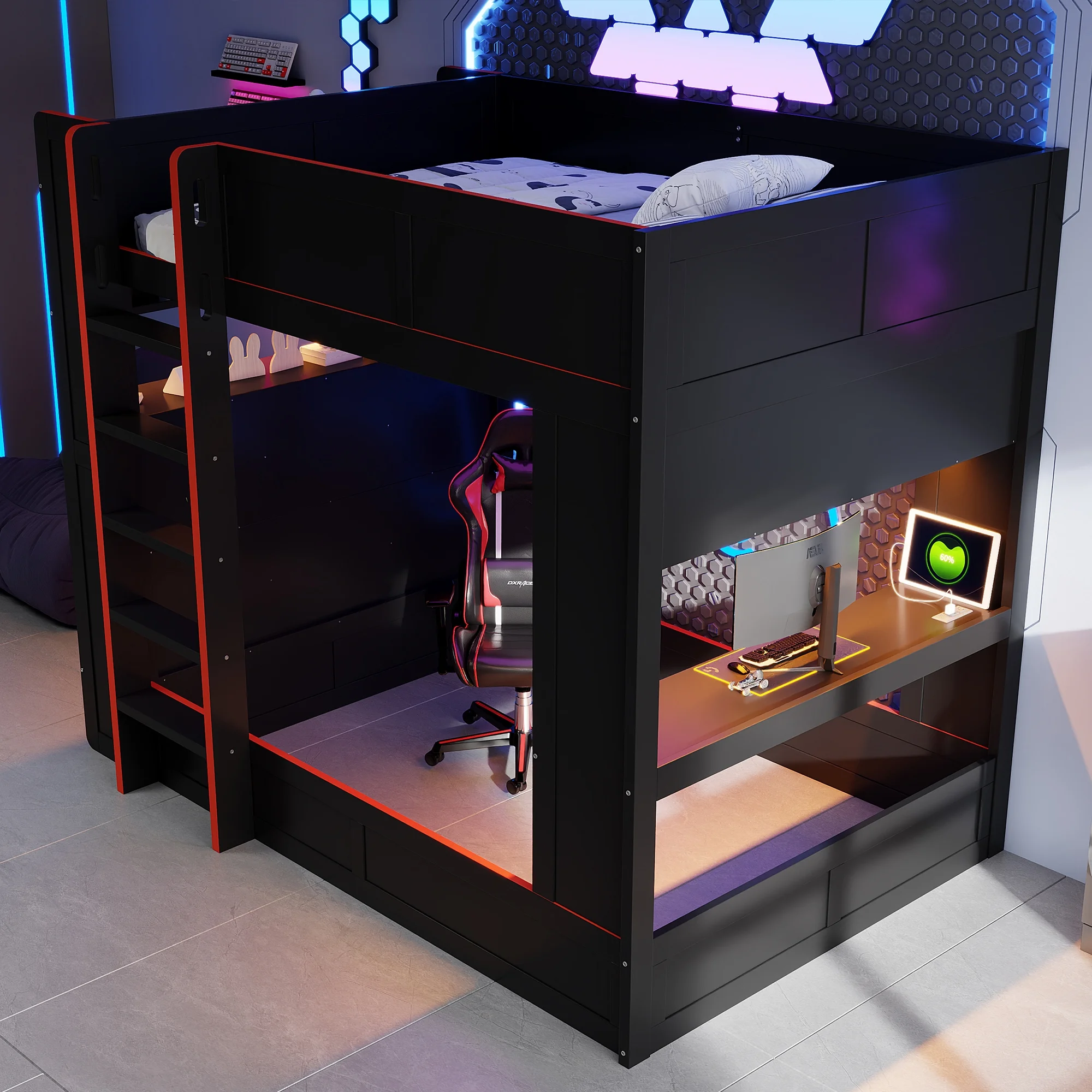 Wood Full Size Loft Bed with Desk and Shelves, Gaming Bunk Bed with LED Light and USB Charging, Black(Black) - Image 4