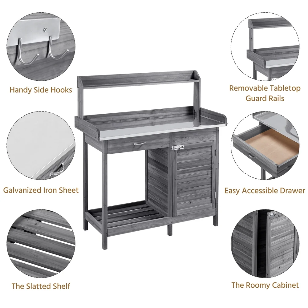 SmileMart Wooden Garden Potting Bench Table with Cabinet, Gray