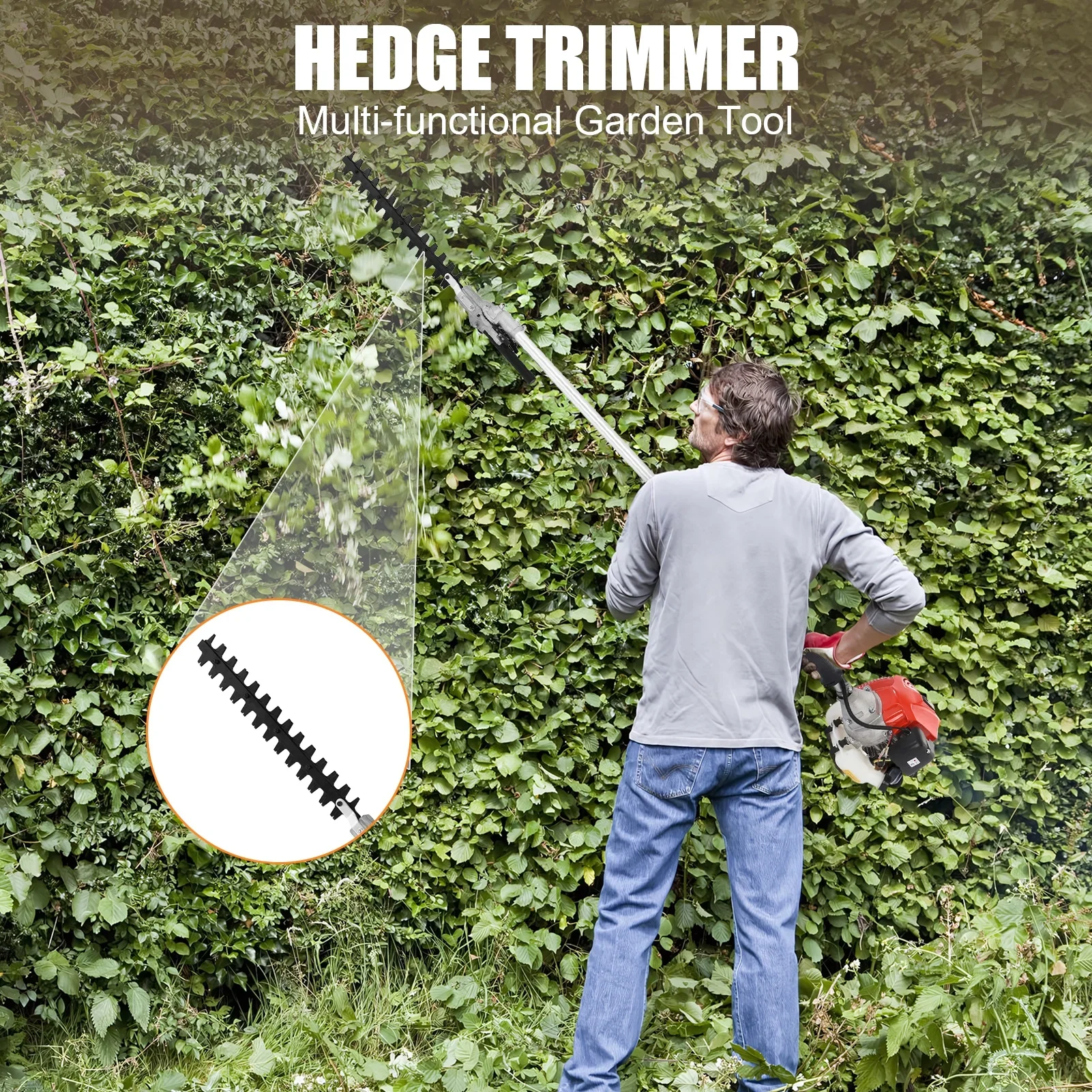 WETS 5 in 1 Garden Hedge Trimmer Combo,  52cc 2-Stroke Gas Powered Long Reach Pole Saw Grass String Trimmer Brush Tree Cutter Pruner Weed Eater Multi Functional Garden Trimming Tools