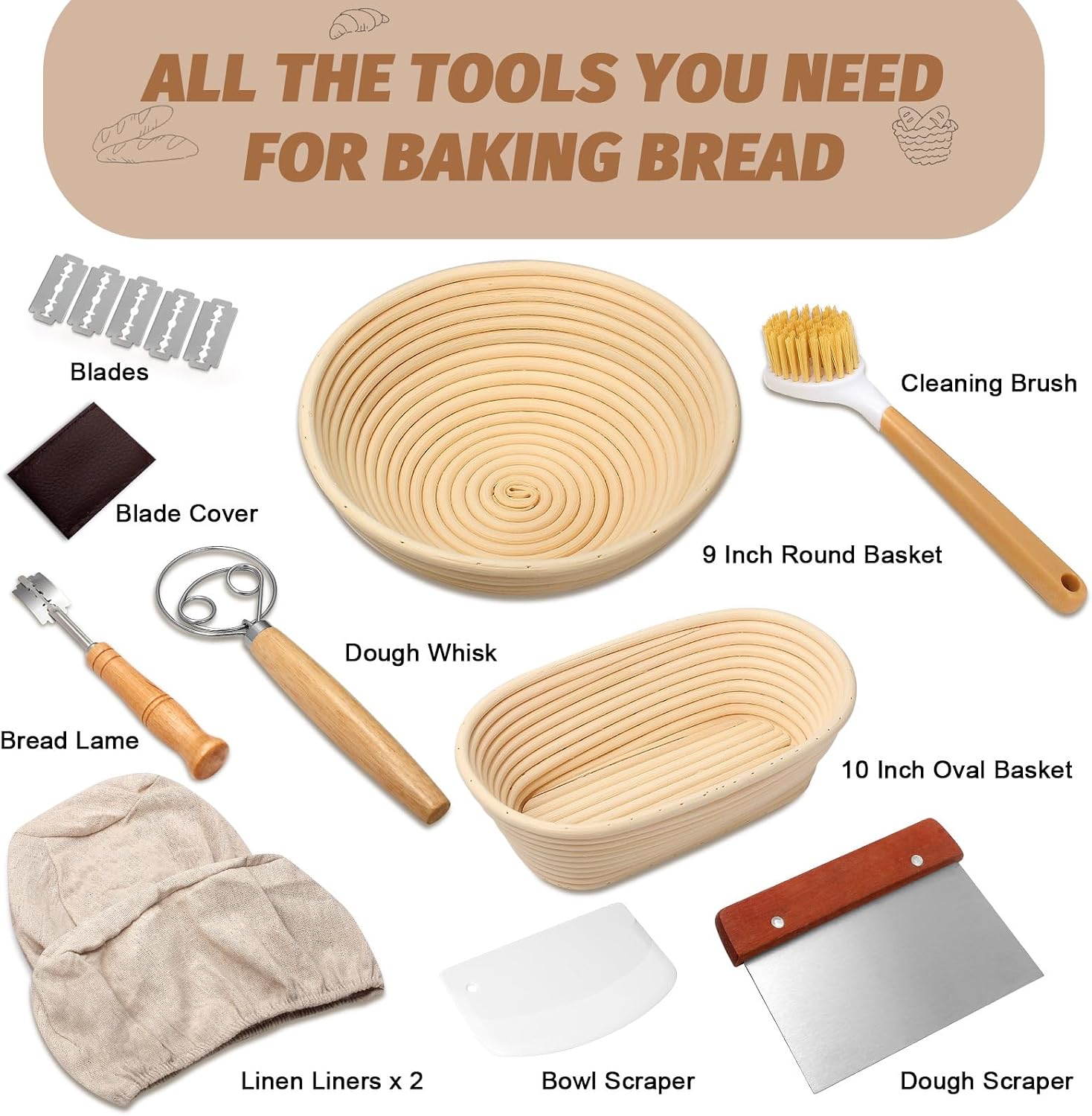 Sourdough Proofing Basket Gift Set, 9