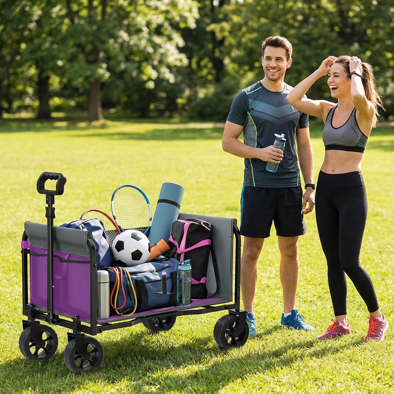 Portable Collapsible Wagon Cart, Foldable Cart with Removable Side, Utility Grocery Wagon for Dogs, Pets, Camping, Beach, Shopping, Sports, Gardening, Fishing, Purple