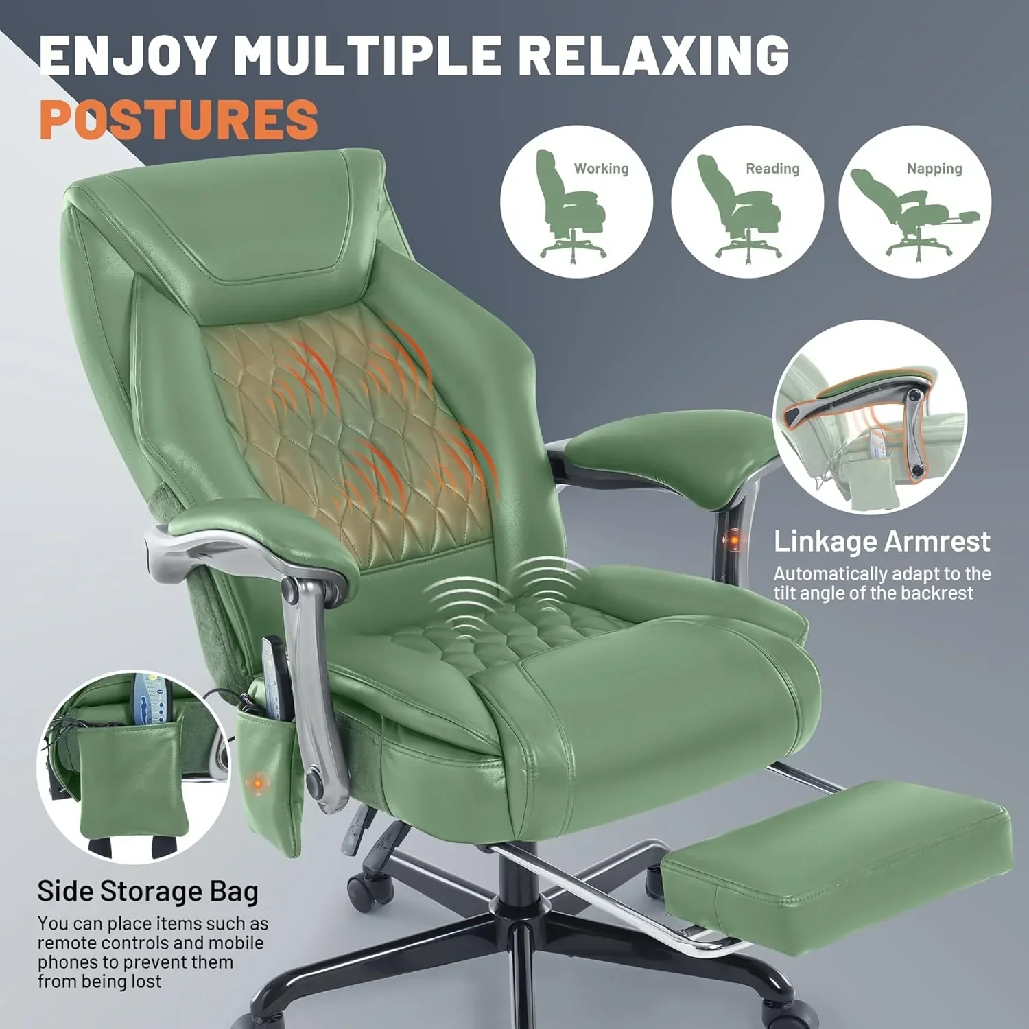 Fauteuil de bureau massant avec chauffage et repose-pieds, fauteuil de bureau ergonomique inclinable de direction