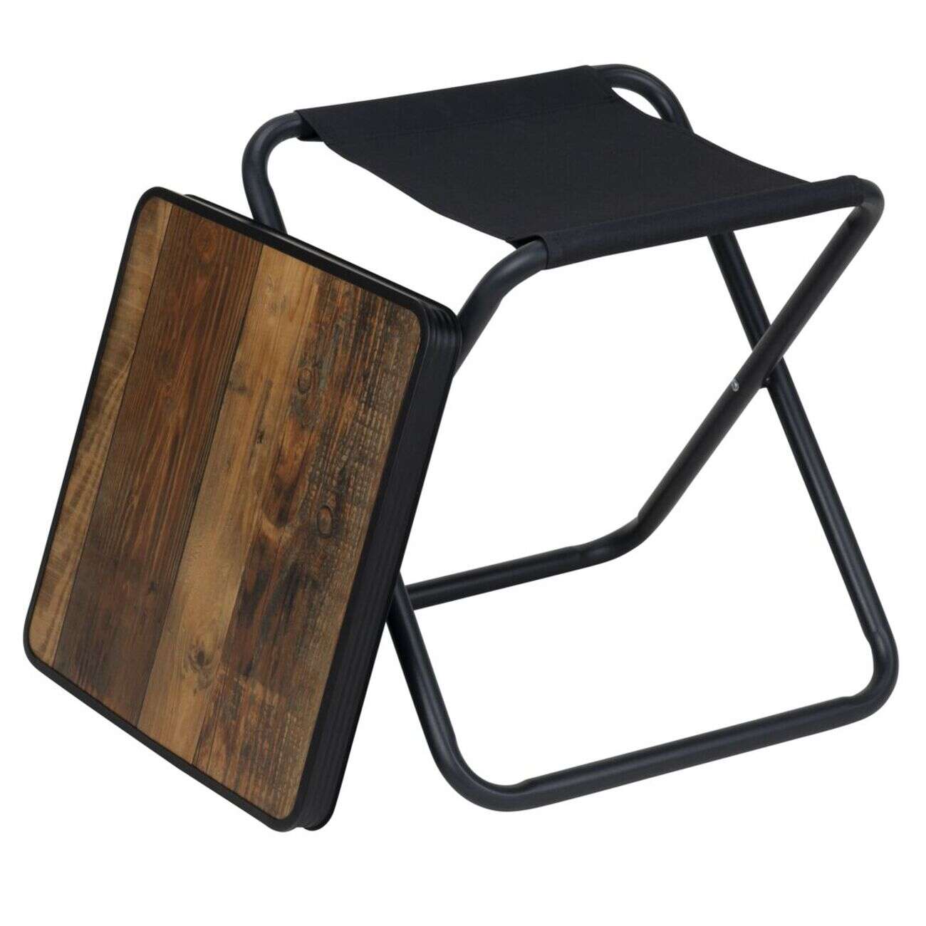 Tabouret table 2en1 plateau décor bois structure acier noir 41x40xH45cm