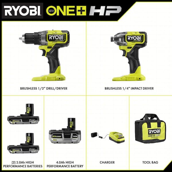 ONE+ HP 18V Brushless Cordless 3 Tool Combo Kit w/Drill/Driver, Impact Driver, 4 0 Ah Battery, Batteries, Charger Bag Image 2