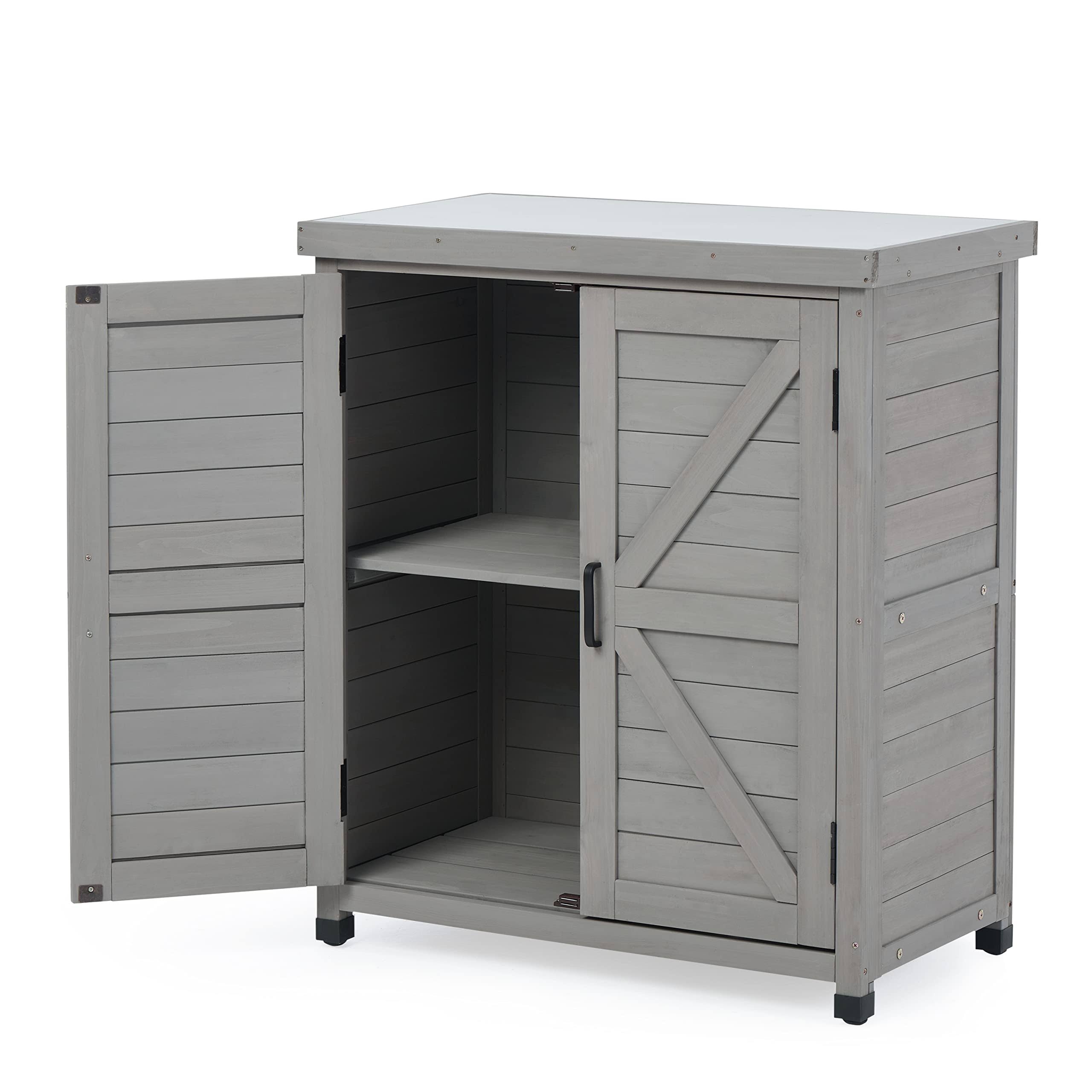 SoliWood Outdoor Storage Cabinet & Potting Bench Table with Metal Top, Wooden Patio Furniture, Garden Workstation