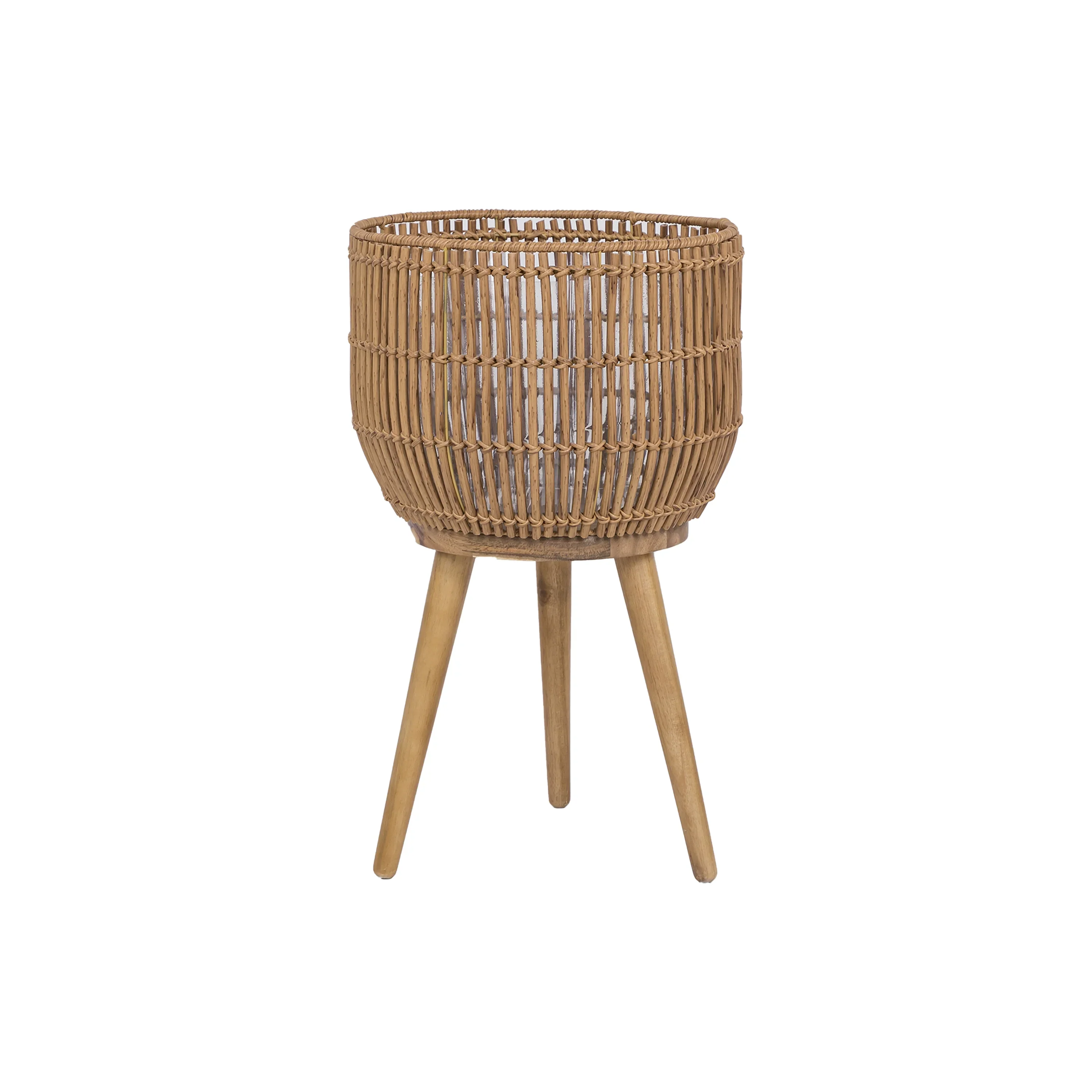 (4 pack) Better Homes & Gardens 13 Inch Round Brown Resin Rattan Planter & Stand with Acacia Wood Legs