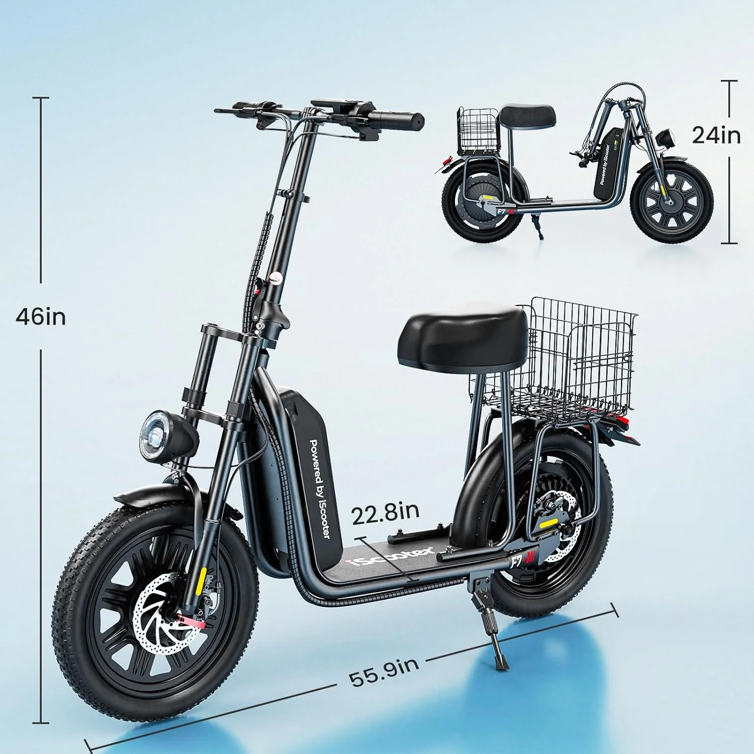 Trottinette électrique iScooter avec siège, autonomie de 60/34 km, vitesse maximale de 45/30/25 km/h, double suspension et panier