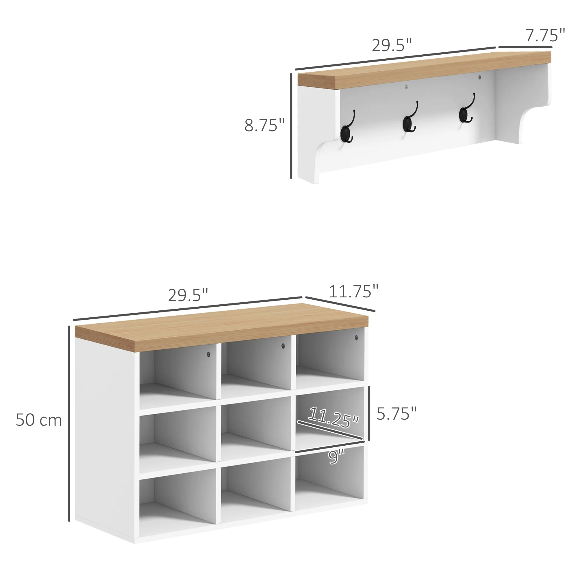 Homiyad 2-in-1 Coat Rack Shoe Bench Set, 5-Hook Hall Tree with Bench and Shoe Storage for 9 Pairs of Shoes for Entryway, Hallway, White