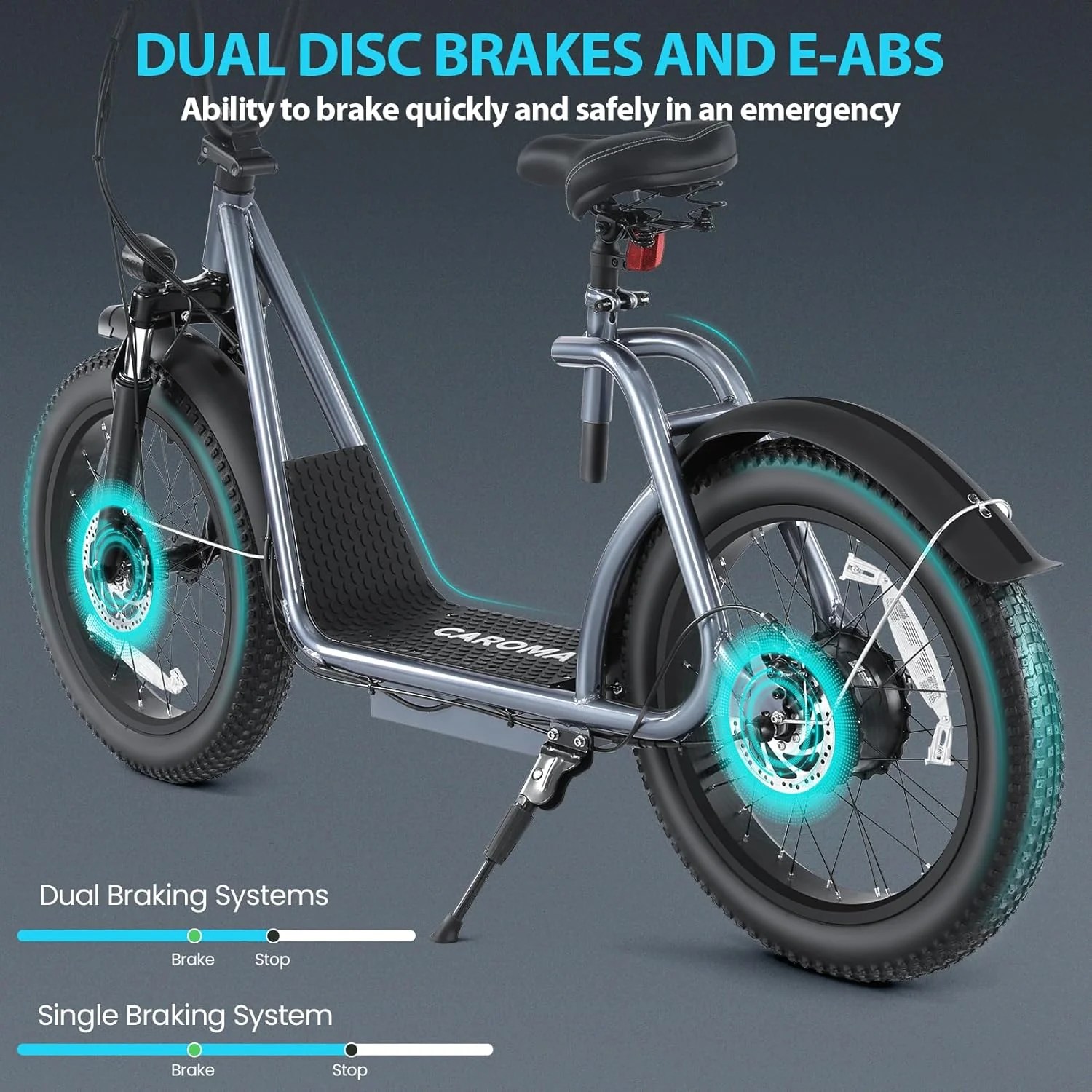 Trottinette électrique pliable Caroma Peak 800W pour adultes, avec pneus de 20 pouces de large, batterie 48V, panier et siège réglable.