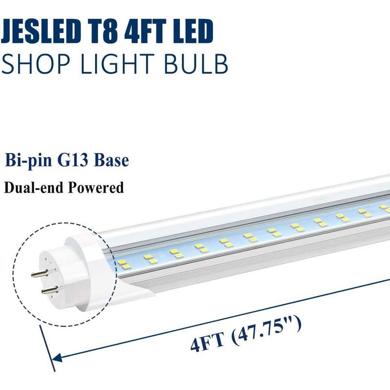 JESLED T8 4ft LED Light Bulbs 24W 6000k-6500k 3000lm T12 4 Foot LED Tubes Replacement for Fluorescent Fixtures Clear Dual Ended