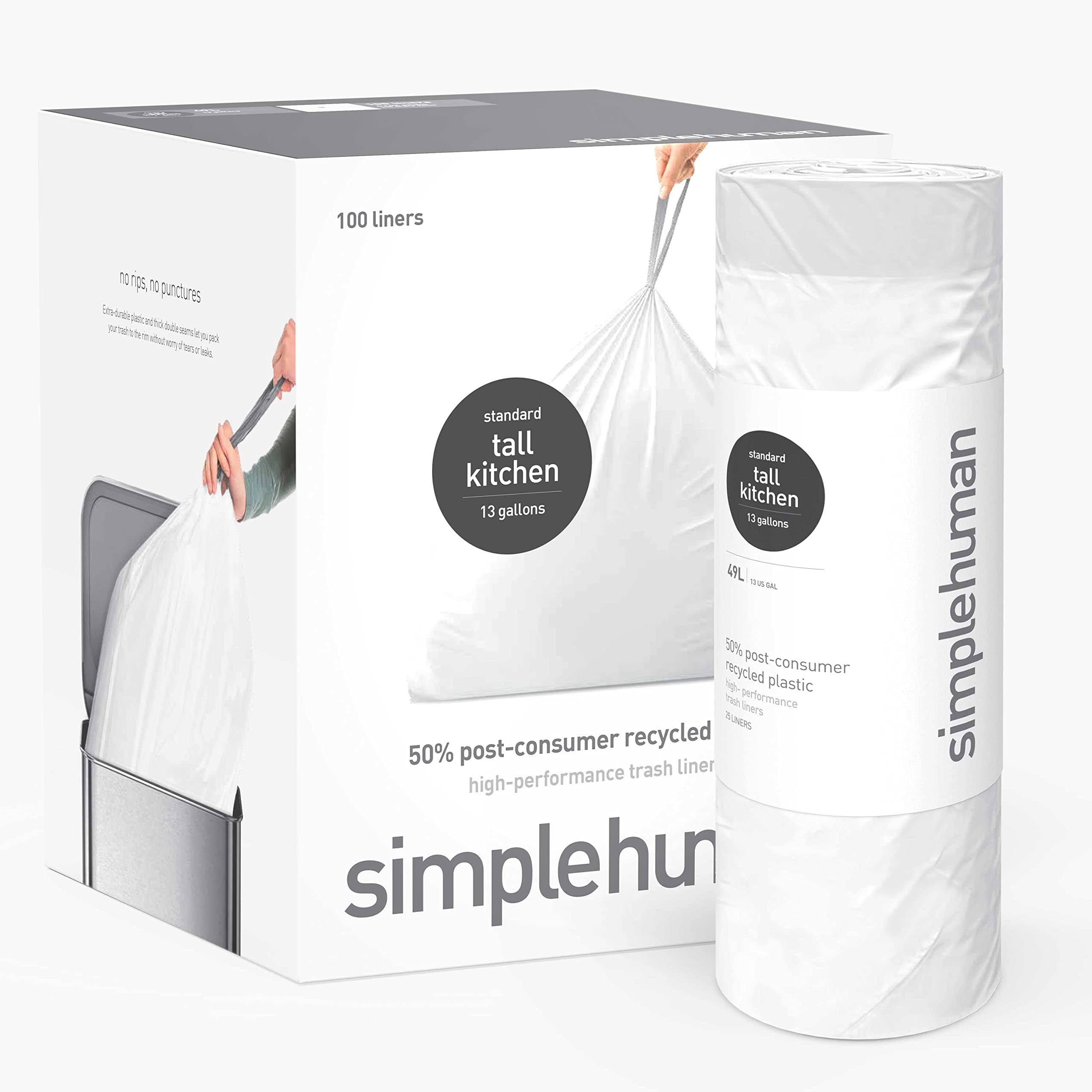 simplehuman 50% Post-Consumer Recycled Tall Kitchen Drawstring Trash Bags, 13 gal, 100 Count