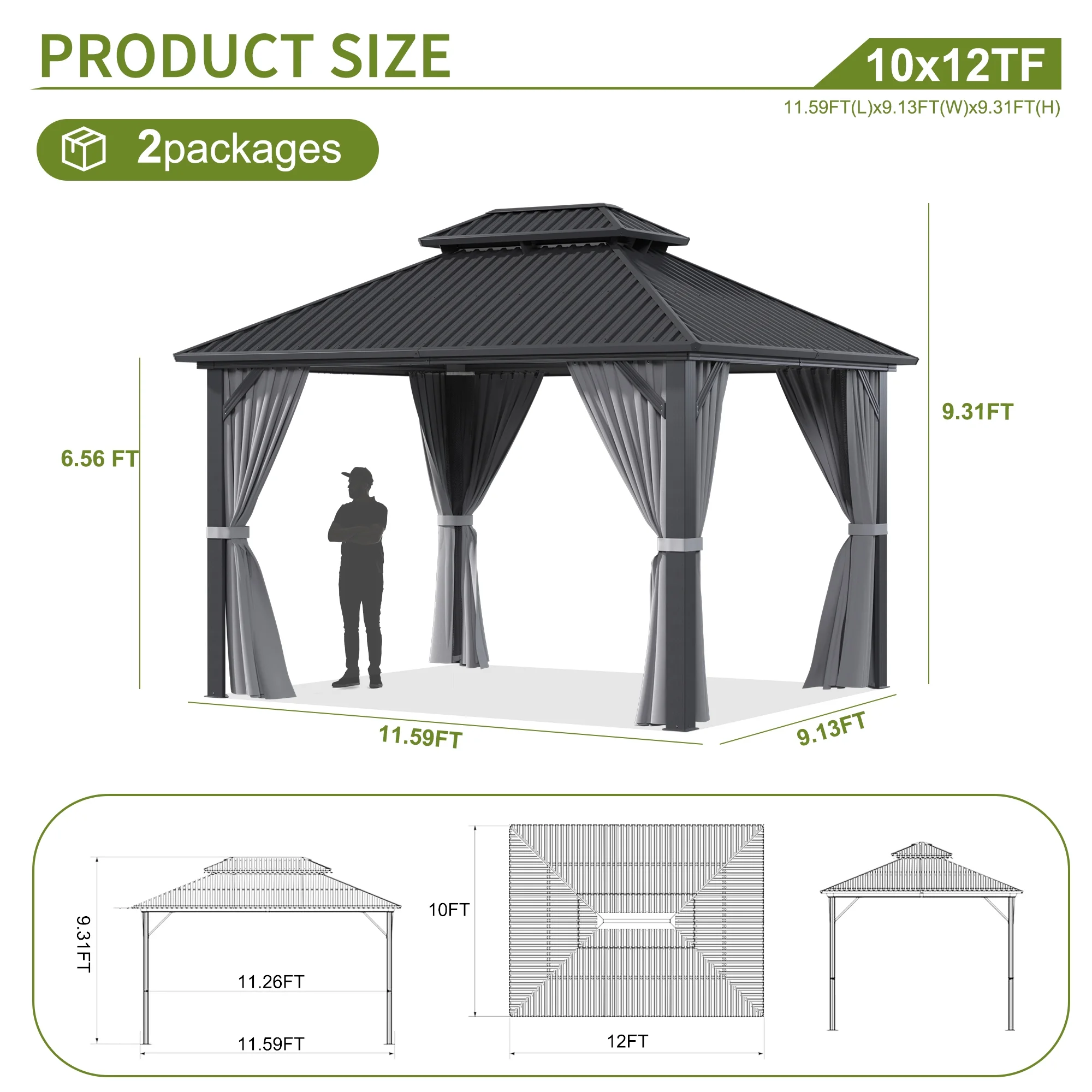 10'x12' Hardtop Gazebo with Aluminum Frame, Permanent Outdoor Pavilion Metal Gazebo with Galvanized Steel Double Roof Mosquito Netting and Curtains for Patios, Gardens, Lawns, Gray(10' x 12') - Image 7