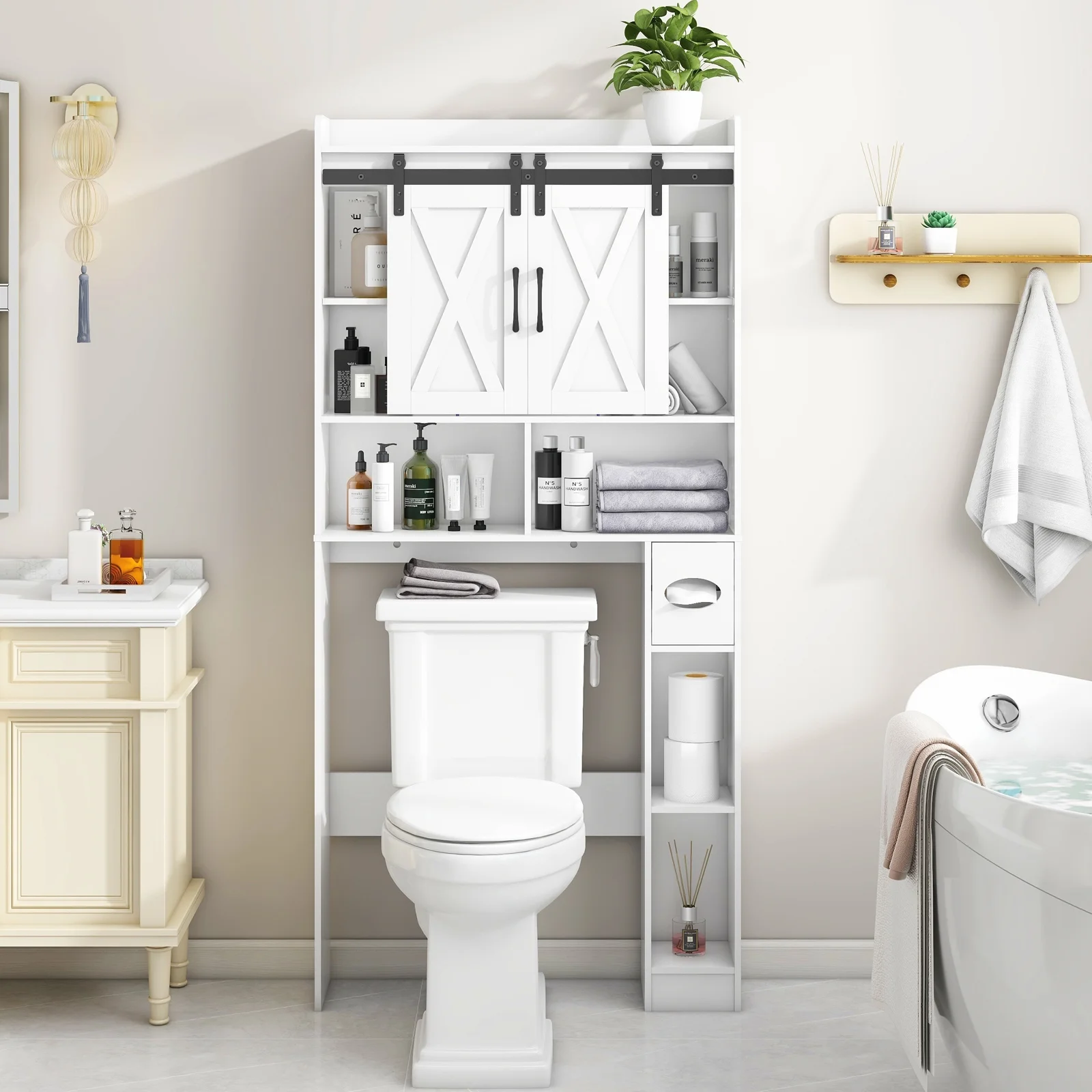 Over the Toilet Storage Cabinet, Farmhouse Storage Cabinet Over Toilet with Sliding Doorshome Space - Saving Toilet Rack, for Bathroom, Restroom, Laundry