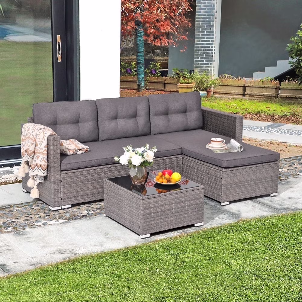 3 Pieces Patio Conversation Set, PE Wicker Rattan Outdoor Furniture Set, 2 Ways Small Sectional Sofa, Tempered Glass Coffee Table, Silver-Gray(Silver-Gray) - Image 7